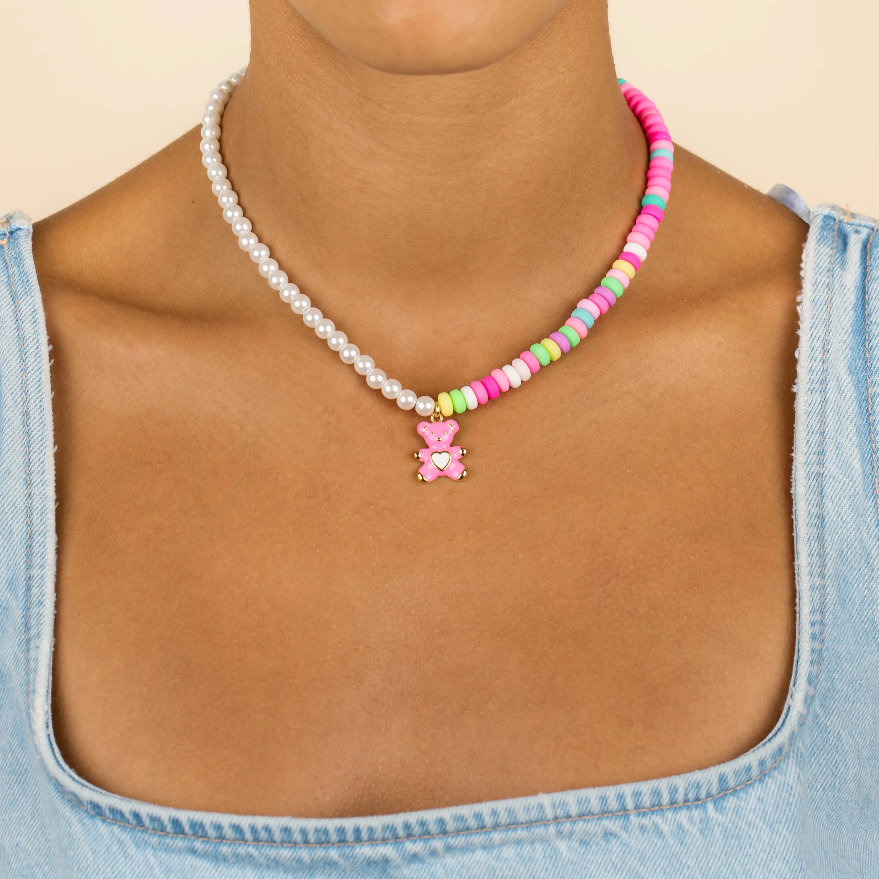 Teddy Bear Rainbow Bead x Pearl Necklace