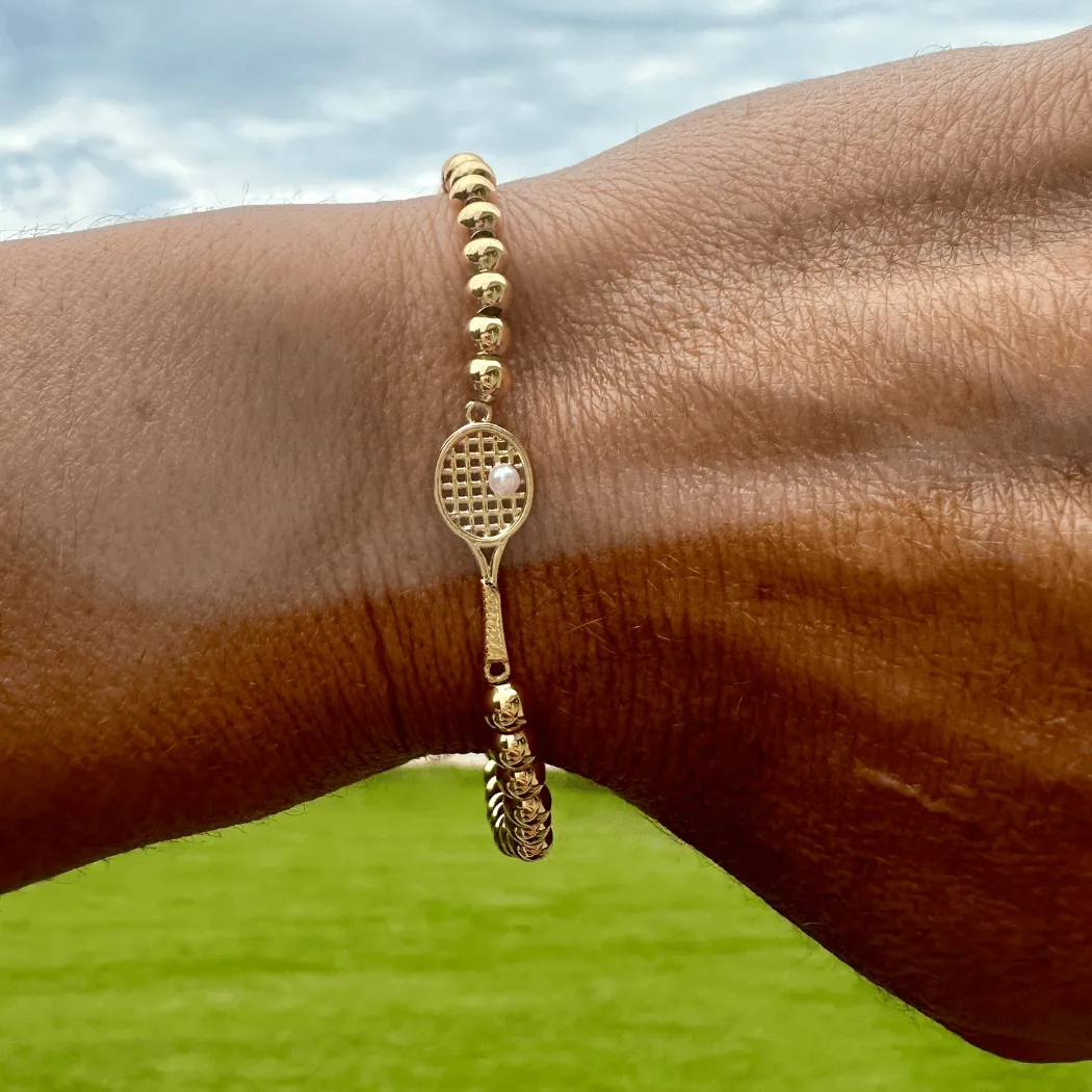 Tennis Bracelet- Gold Pearl Tennis Racket Beaded Bracelet