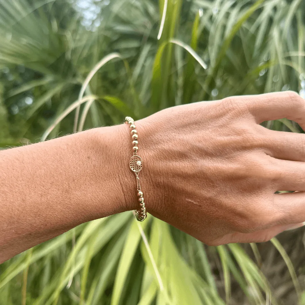 Tennis Bracelet- Gold Pearl Tennis Racket Beaded Bracelet