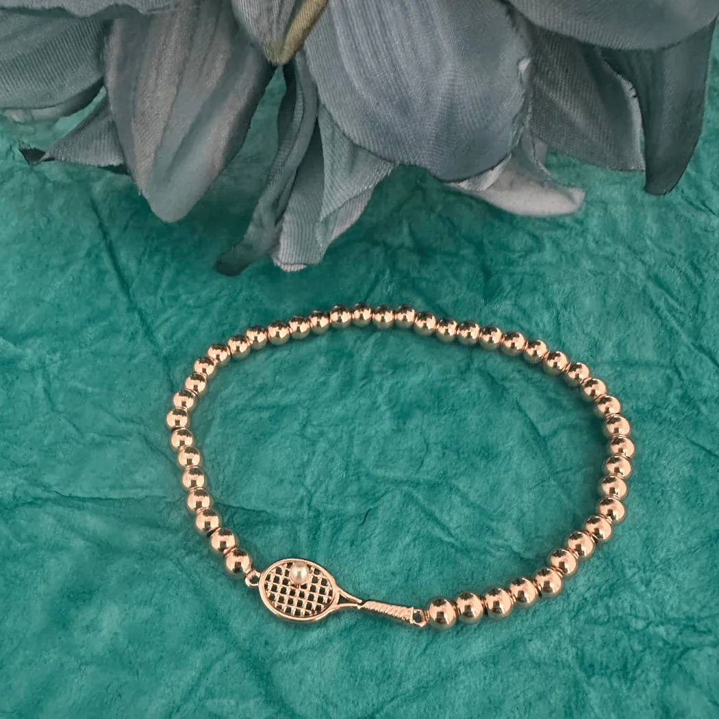 Tennis Bracelet- Gold Pearl Tennis Racket Beaded Bracelet
