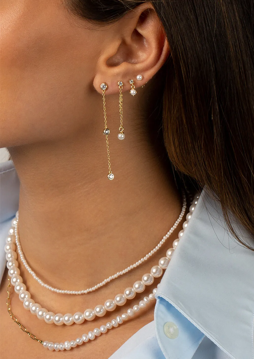 Tiny CZ X Pearl Shaker Stud Earring