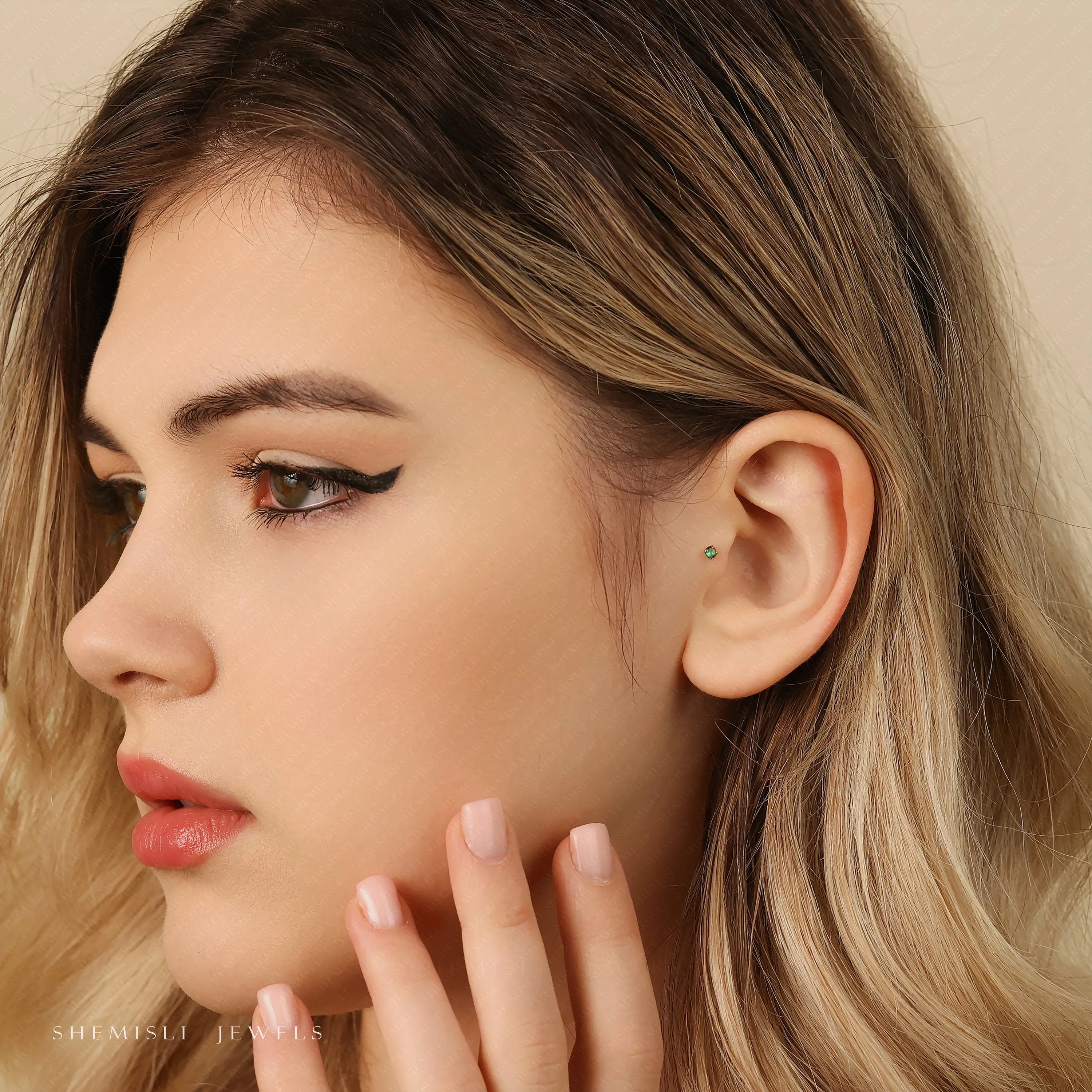 Tiny Emerald Threadless Flat Back Tragus Stud, May Birthstone, 20,18,16ga, 5-10mm, Unisex, Surgical Steel, SHEMISLI SS509