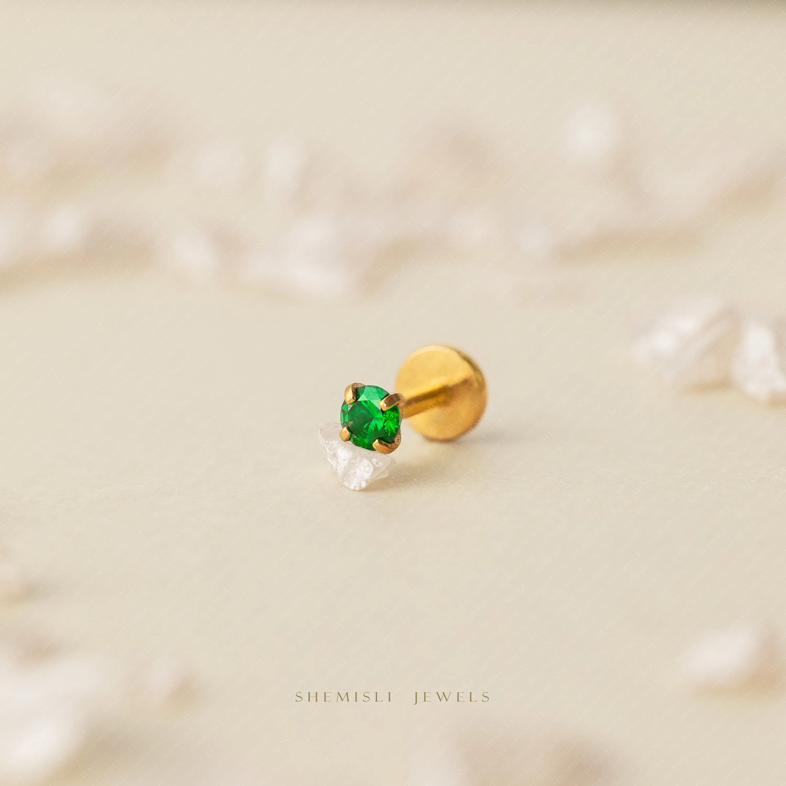 Tiny Emerald Threadless Flat Back Tragus Stud, May Birthstone, 20,18,16ga, 5-10mm, Unisex, Surgical Steel, SHEMISLI SS509