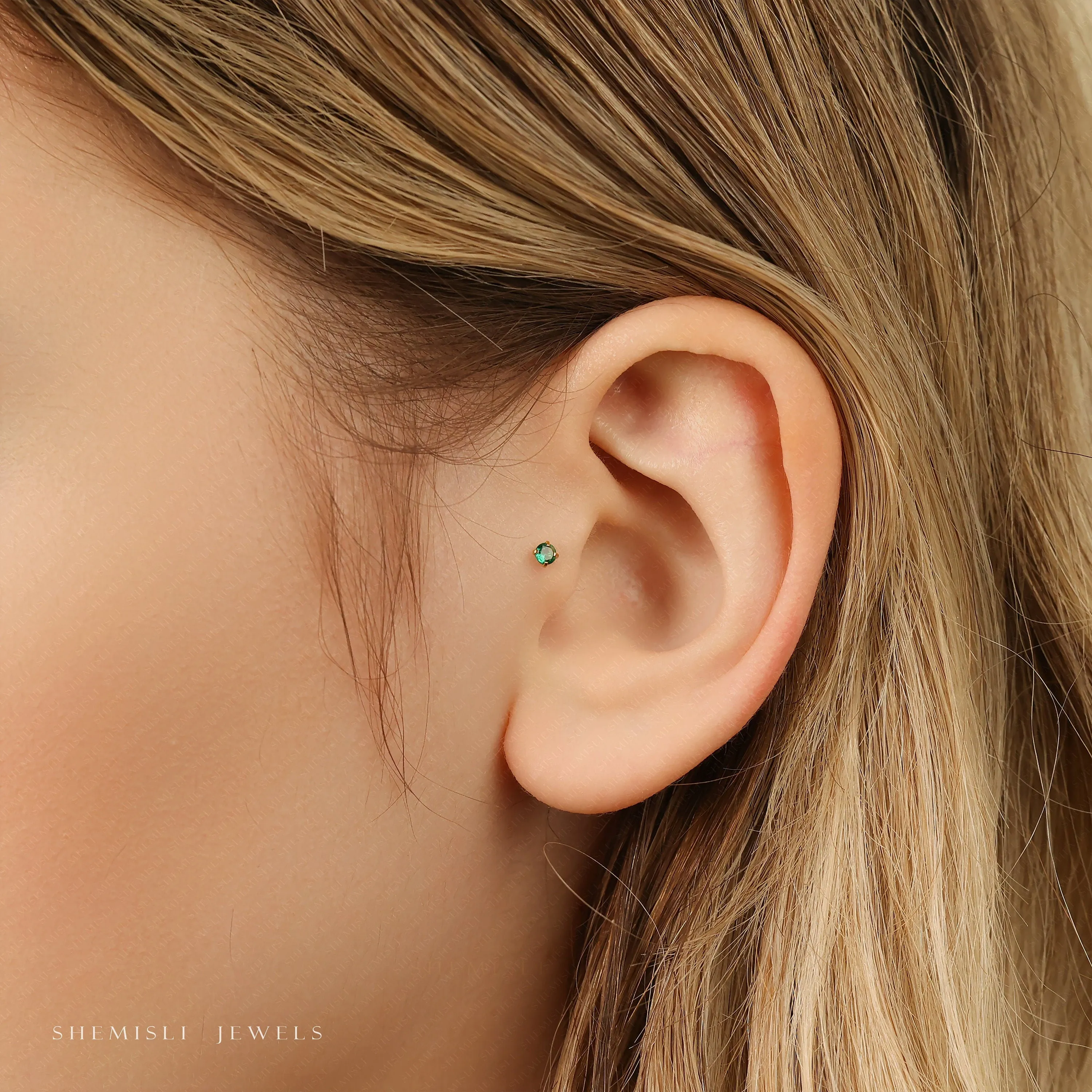 Tiny Emerald Threadless Flat Back Tragus Stud, May Birthstone, 20,18,16ga, 5-10mm, Unisex, Surgical Steel, SHEMISLI SS509