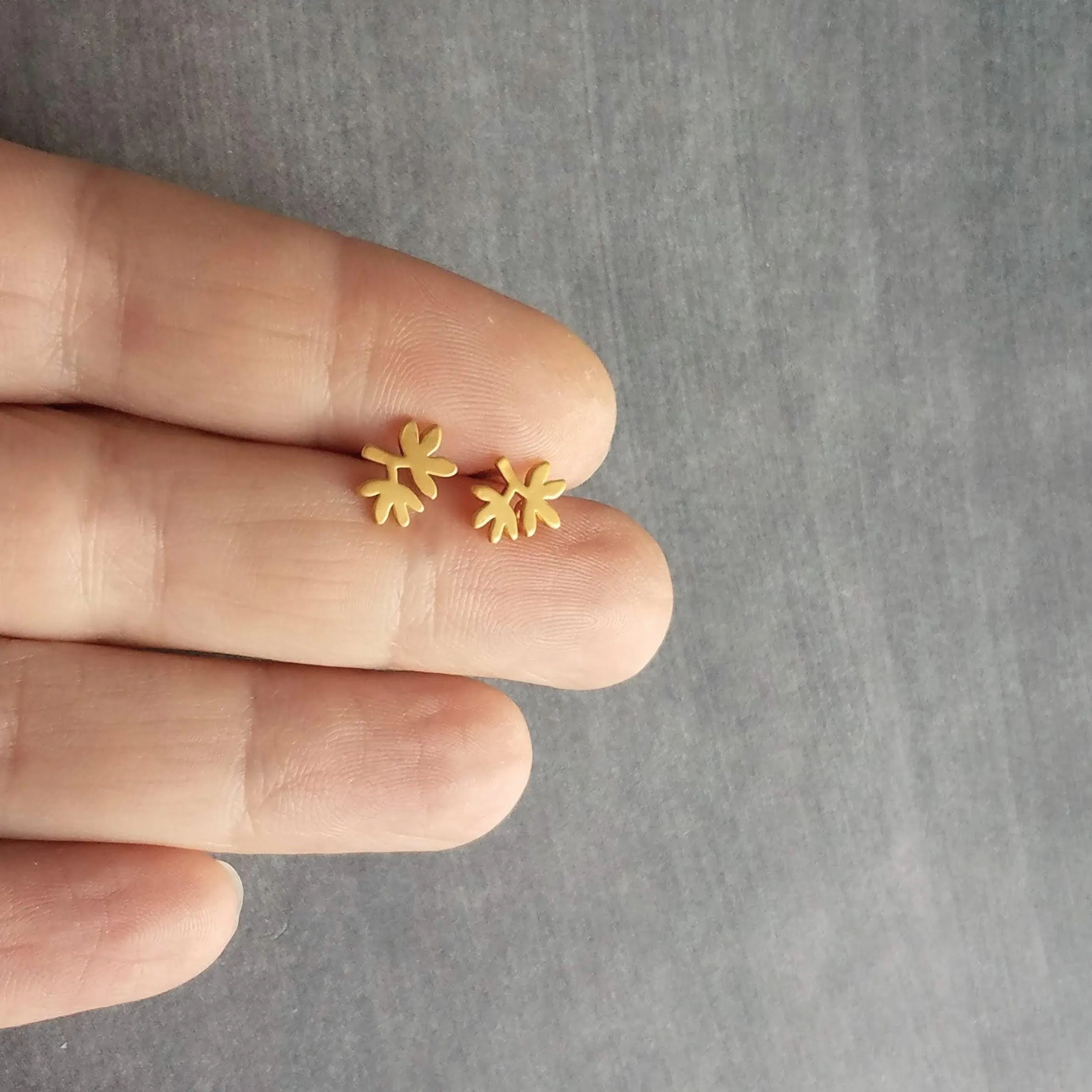 Tree Branch Earrings, matte gold stud earrings, tiny branch earring, leaf stud, sterling silver post, gold tree earrings, small branch studs