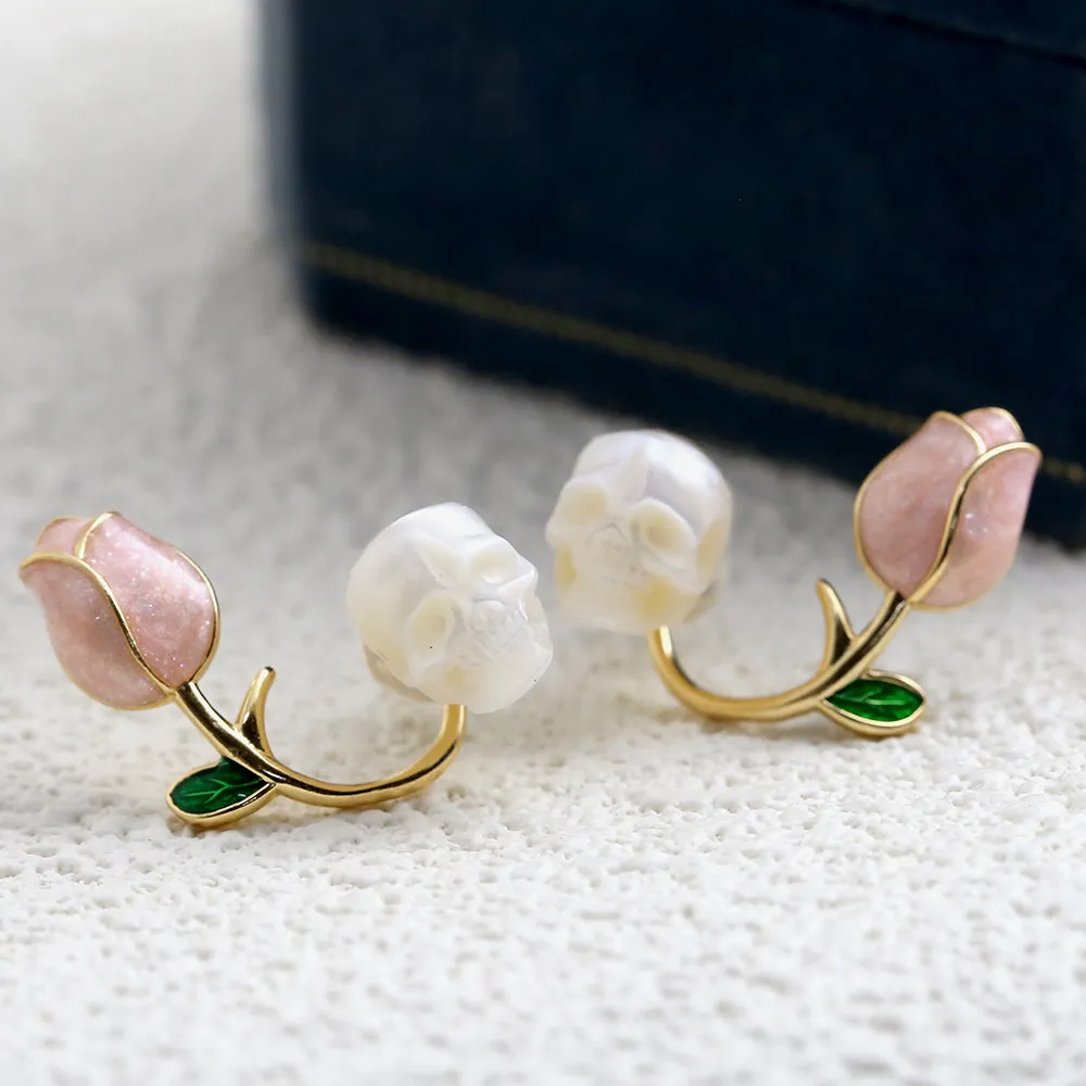 Tulip Pearl Skull Stud Earrings