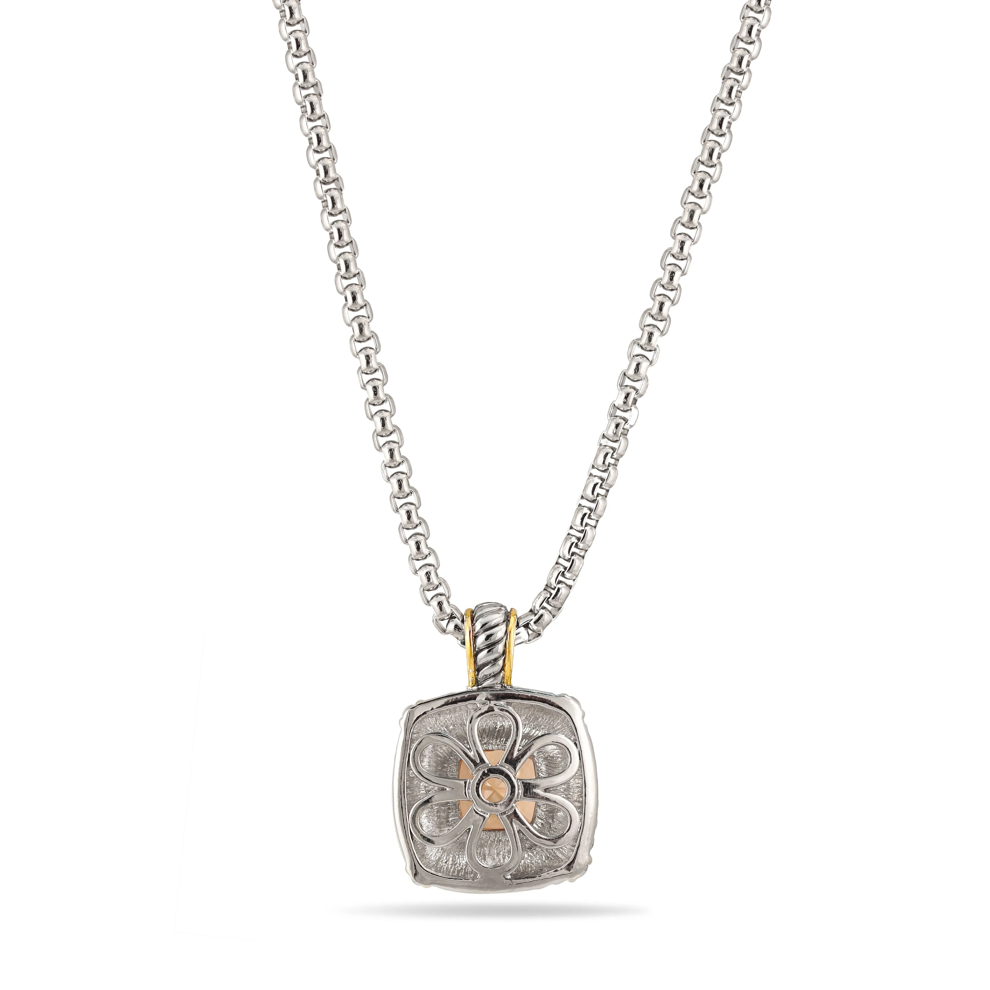 TWO TONE ROSE CRYSTAL SQUARE PENDANT BOX CHAIN NECKLACE# 93012EH-ROSE(FA17)