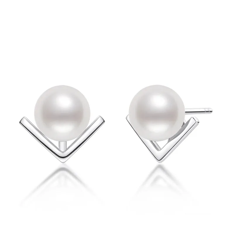 V-Shaped Geniune Freshwater Pearl Stud Earrings