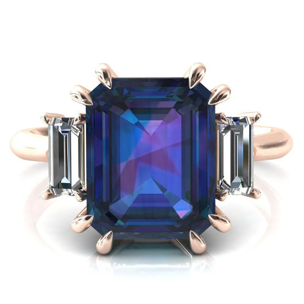 Venice Emerald Alexandrite with Diamond Baguette 3 Stone Ring