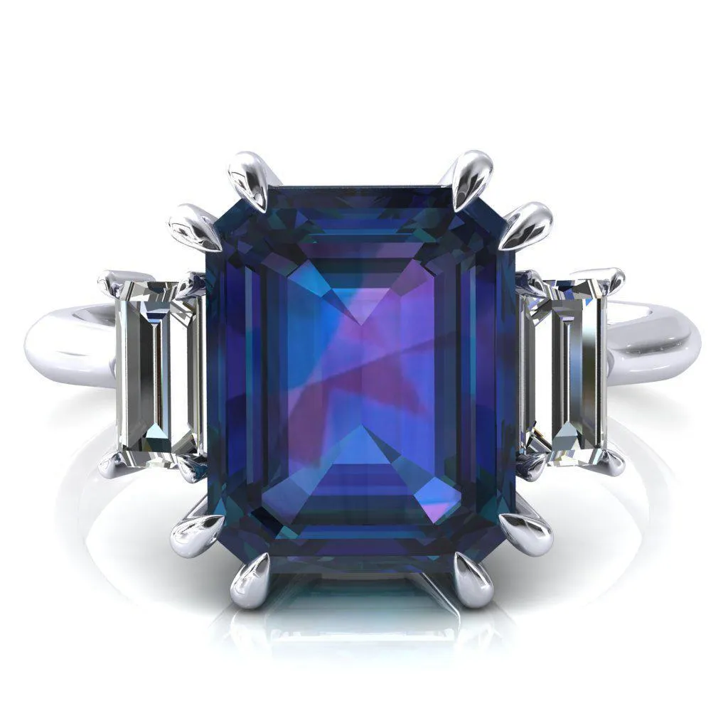 Venice Emerald Alexandrite with Diamond Baguette 3 Stone Ring