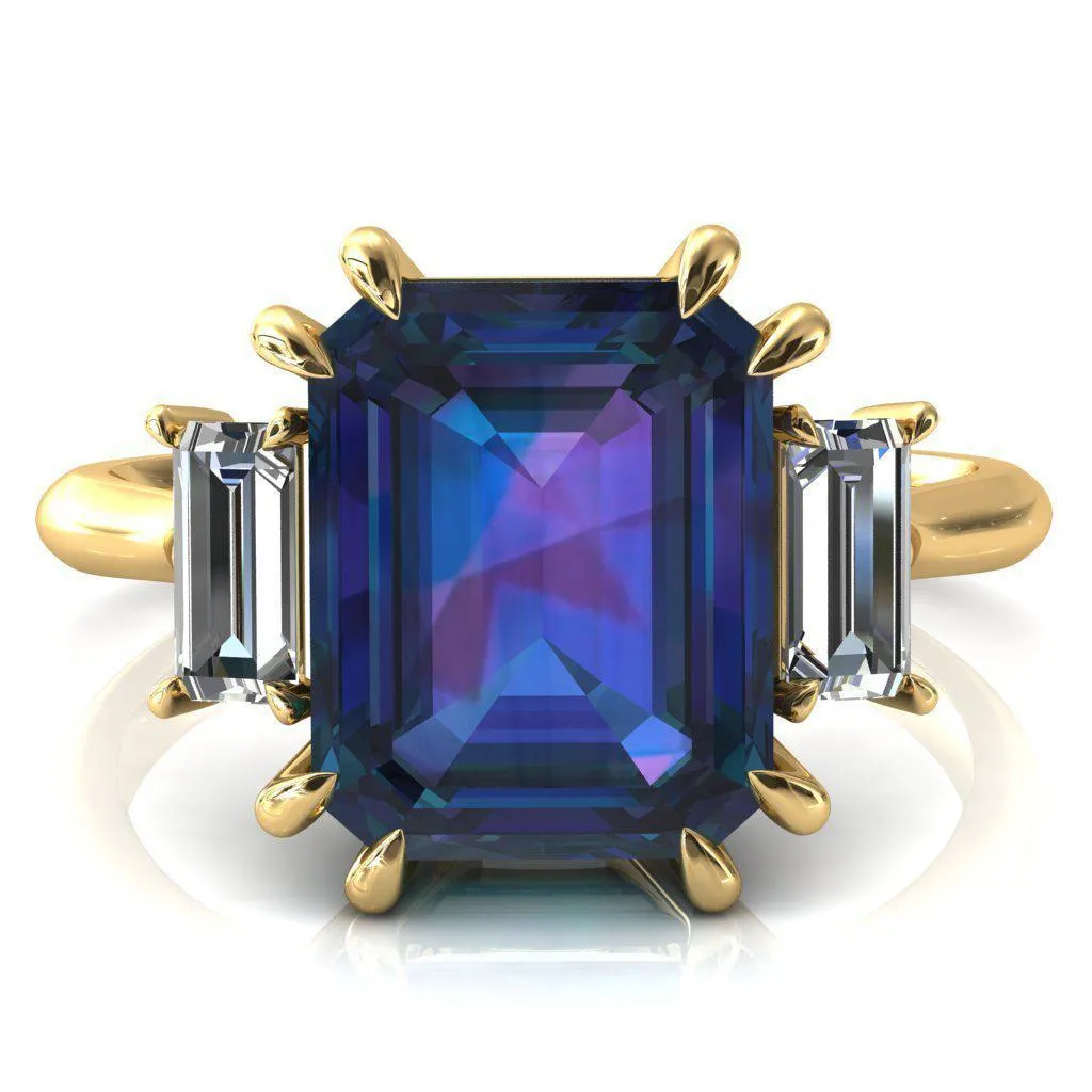 Venice Emerald Alexandrite with Diamond Baguette 3 Stone Ring
