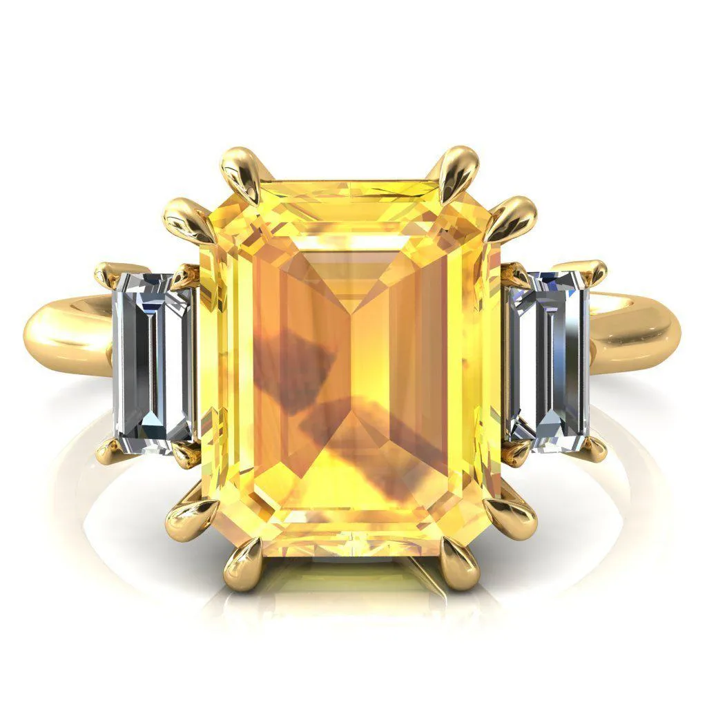 Venice Emerald Yellow Sapphire with Diamond Baguette 3 Stone Ring