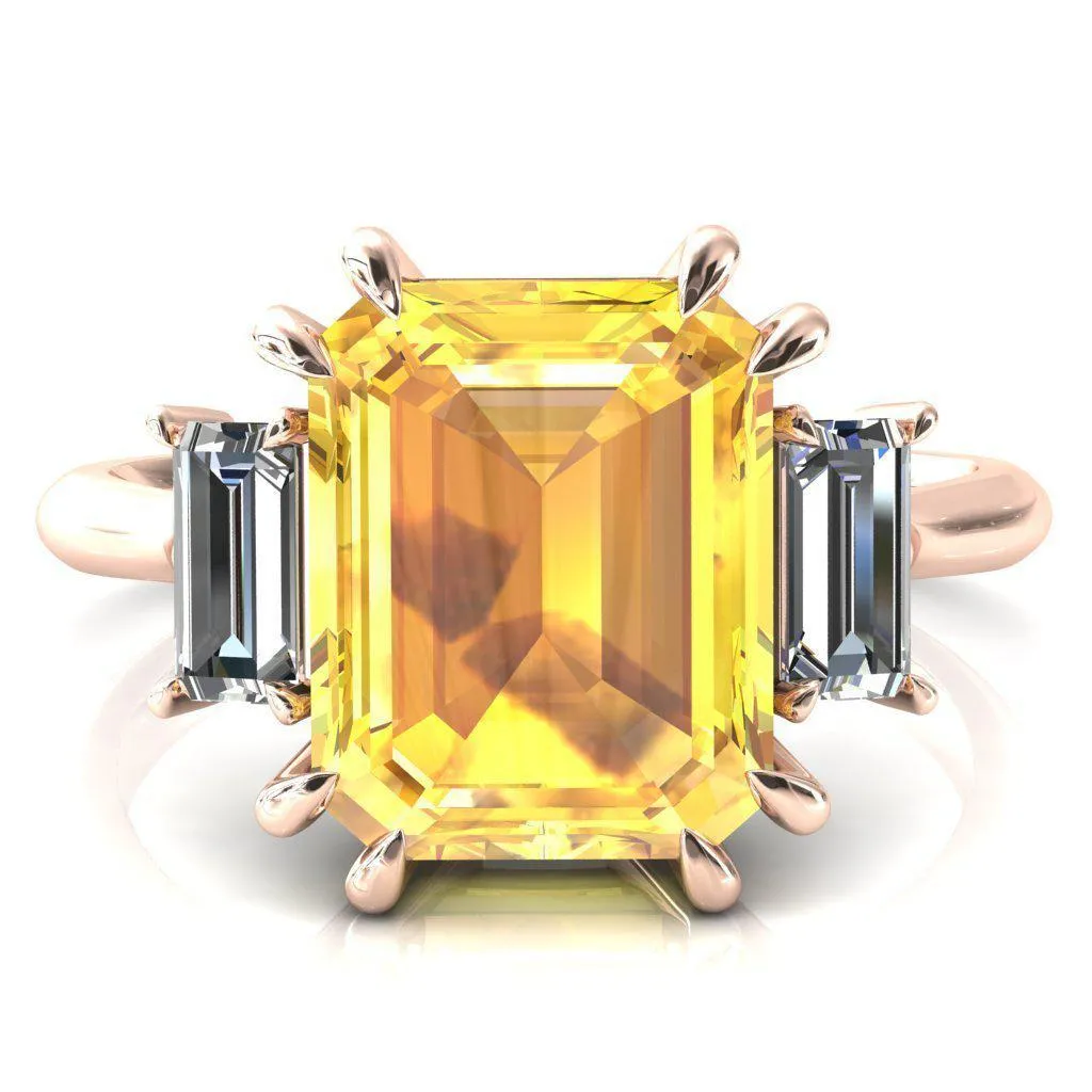 Venice Emerald Yellow Sapphire with Diamond Baguette 3 Stone Ring