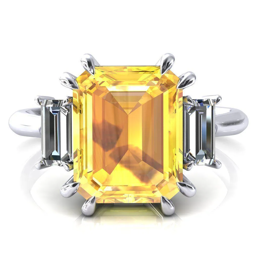 Venice Emerald Yellow Sapphire with Diamond Baguette 3 Stone Ring