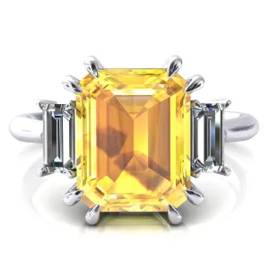 Venice Emerald Yellow Sapphire with Diamond Baguette 3 Stone Ring