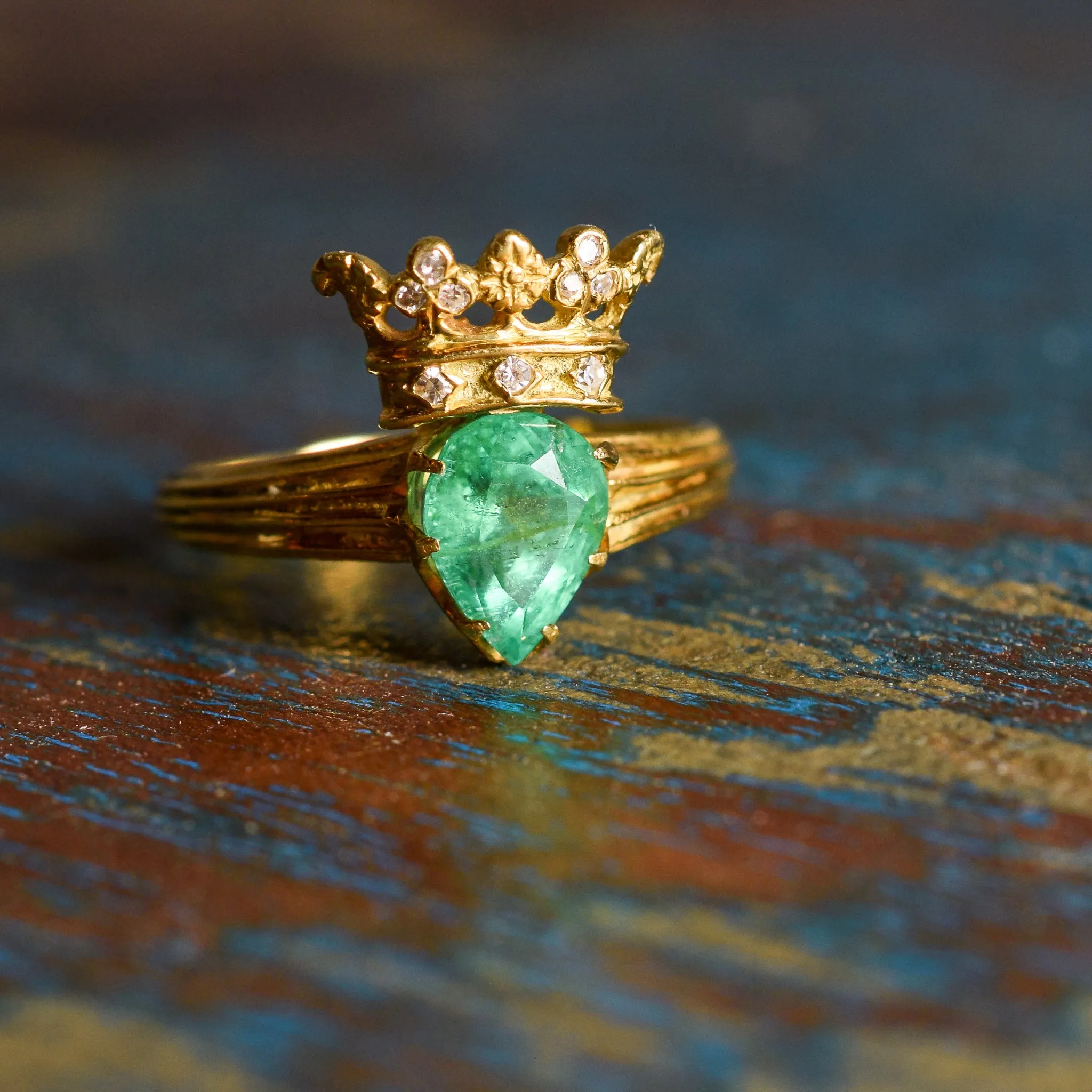 Victorian Emerald & Diamond Crowned Heart Ring