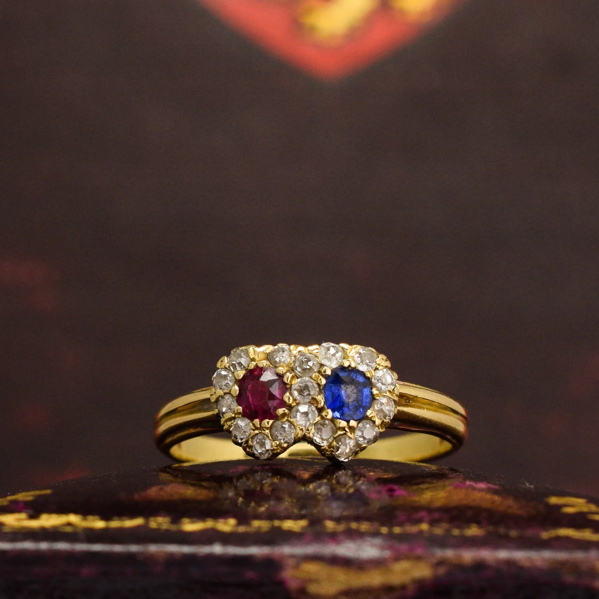 Victorian Sapphire & Ruby Double Heart Ring