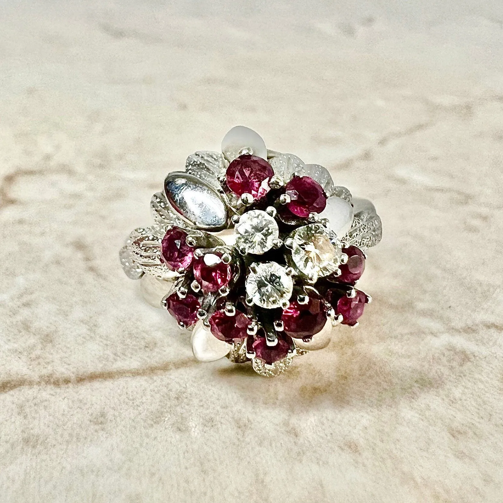 Vintage 14 Karat White Gold Ruby & Diamond Cocktail Ring