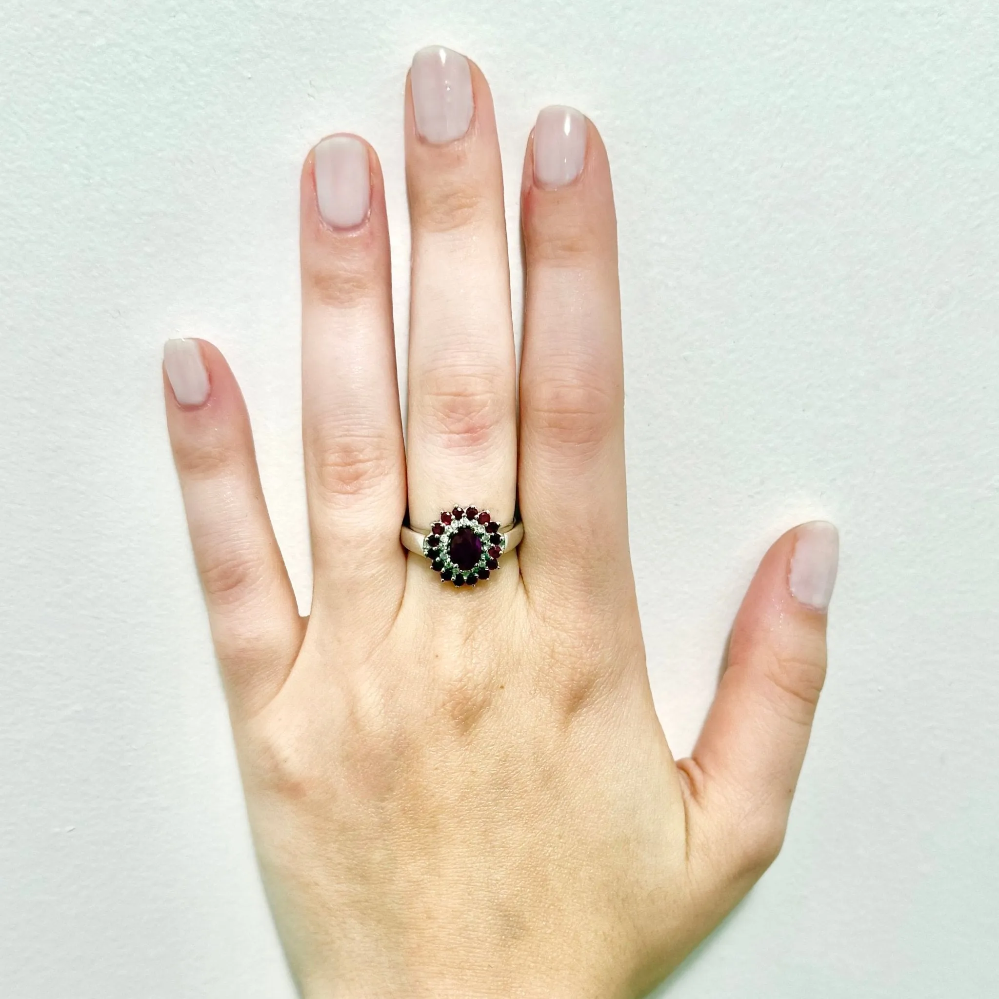 Vintage 14 Karat White Gold Ruby Double Halo Ring