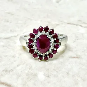 Vintage 14 Karat White Gold Ruby Double Halo Ring