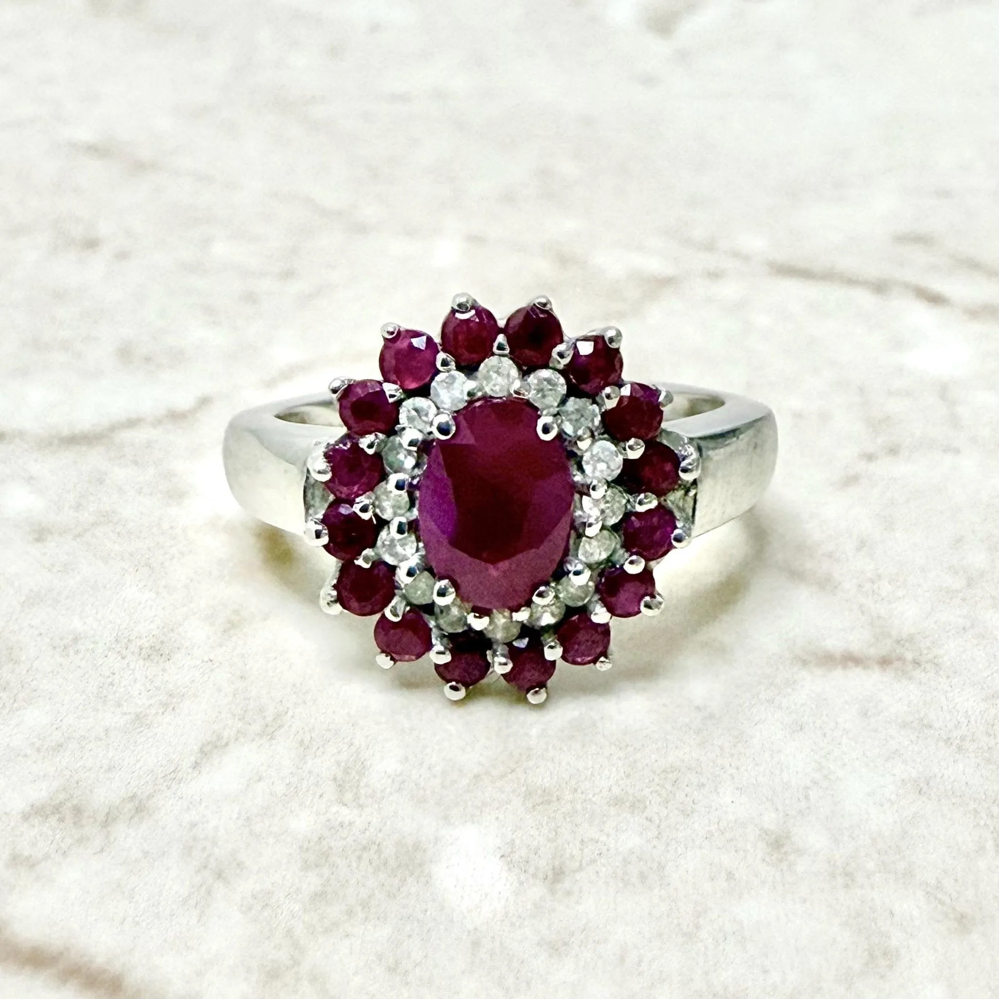 Vintage 14 Karat White Gold Ruby Double Halo Ring