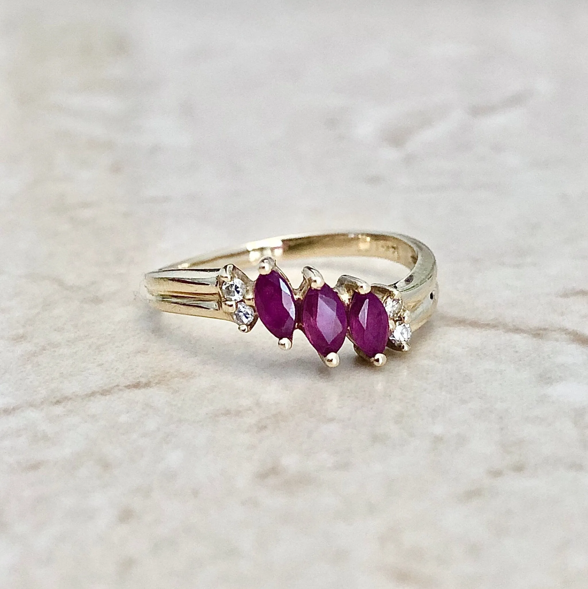 Vintage 14 Karat Yellow Gold Marquise Ruby & Diamond Three-Stone  Ring