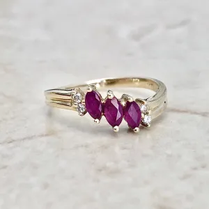 Vintage 14 Karat Yellow Gold Marquise Ruby & Diamond Three-Stone  Ring