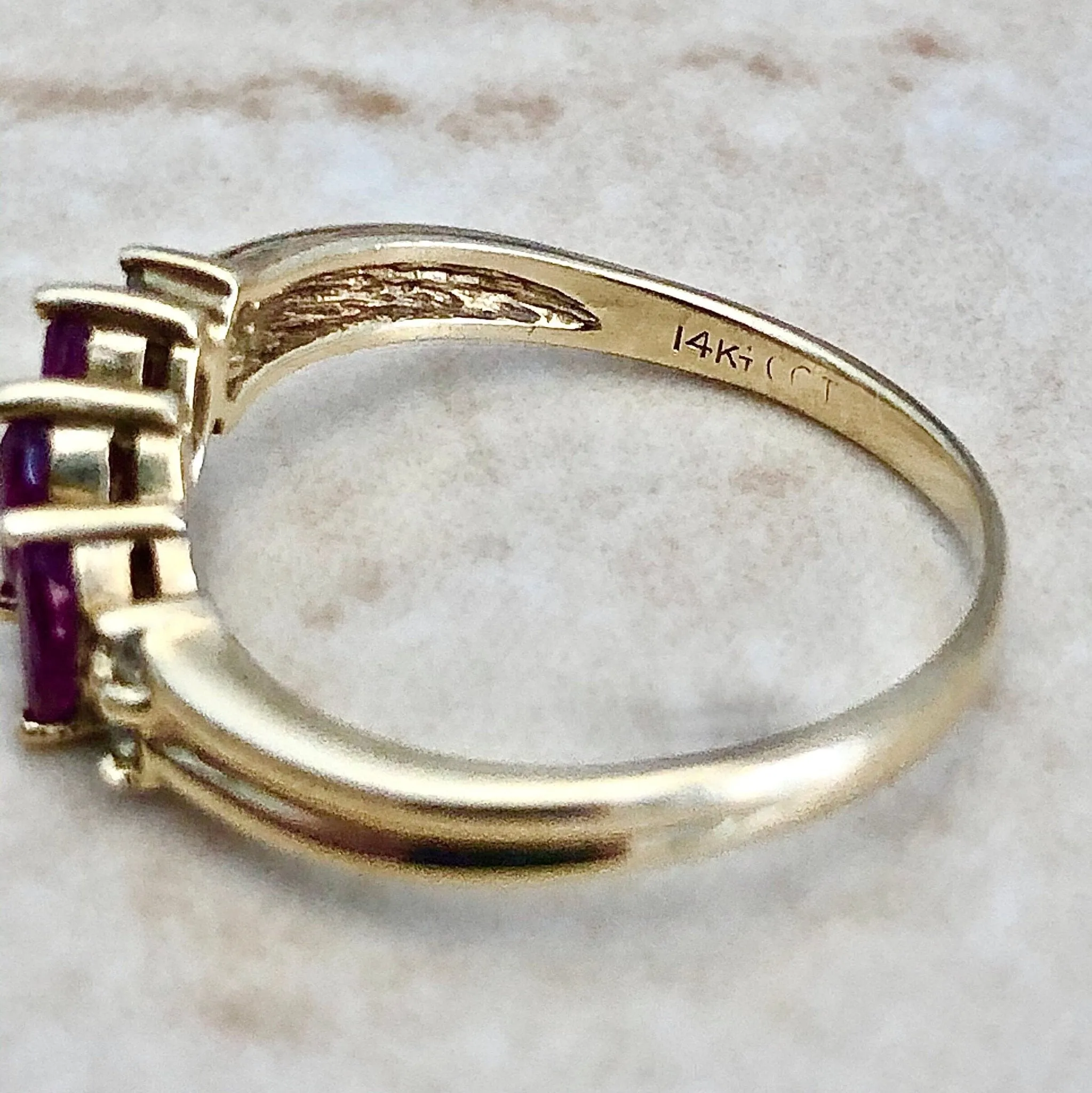 Vintage 14 Karat Yellow Gold Marquise Ruby & Diamond Three-Stone  Ring