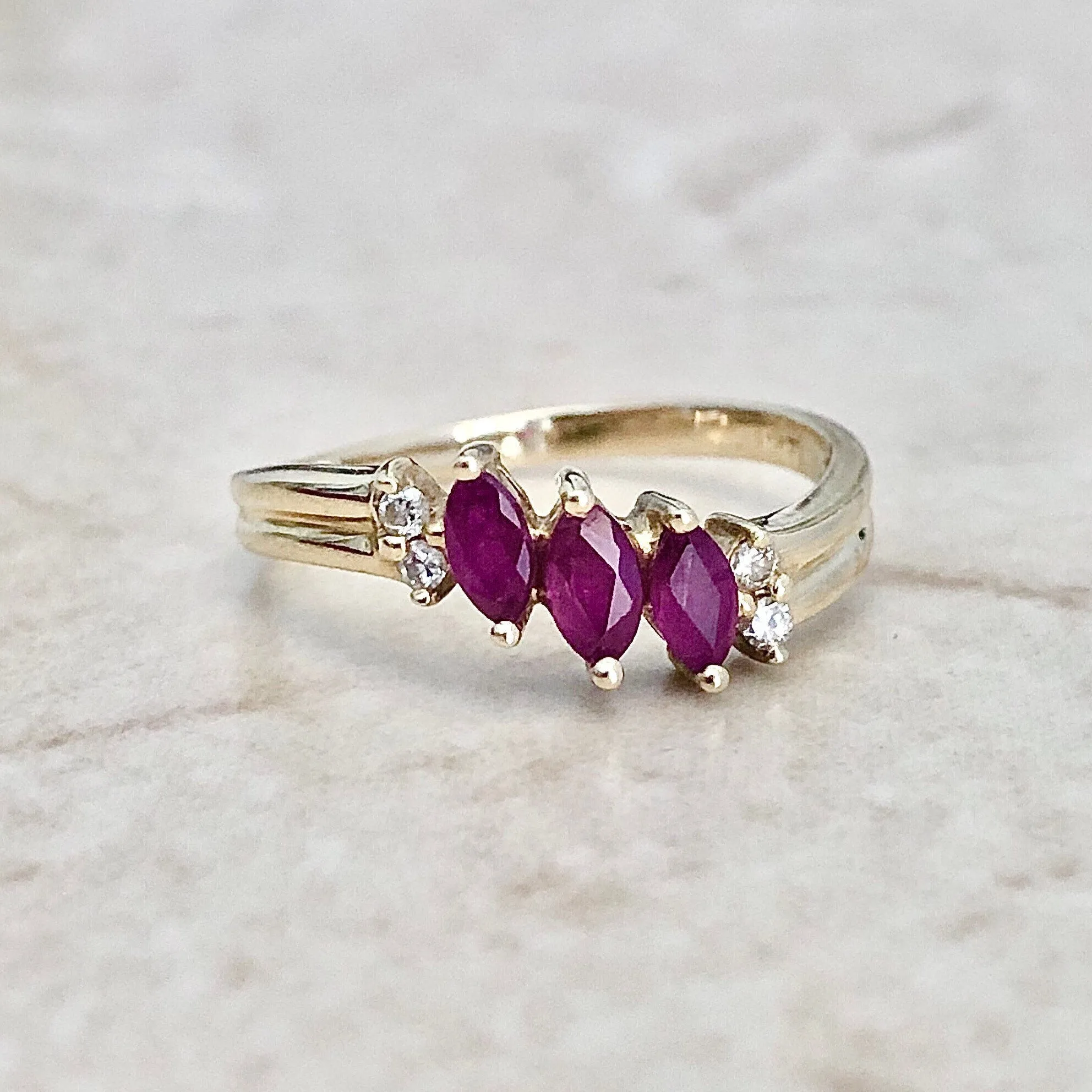 Vintage 14 Karat Yellow Gold Marquise Ruby & Diamond Three-Stone  Ring