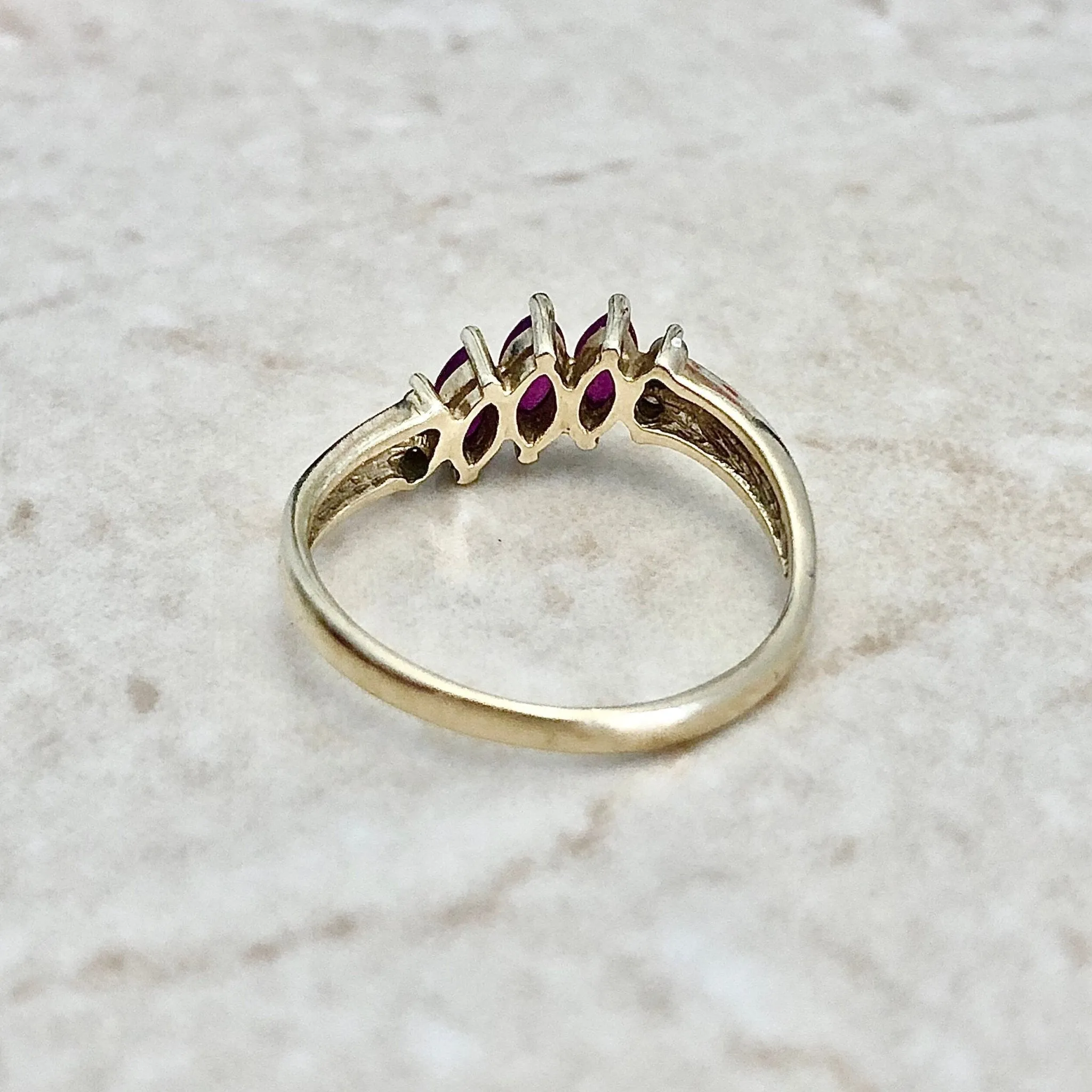 Vintage 14 Karat Yellow Gold Marquise Ruby & Diamond Three-Stone  Ring