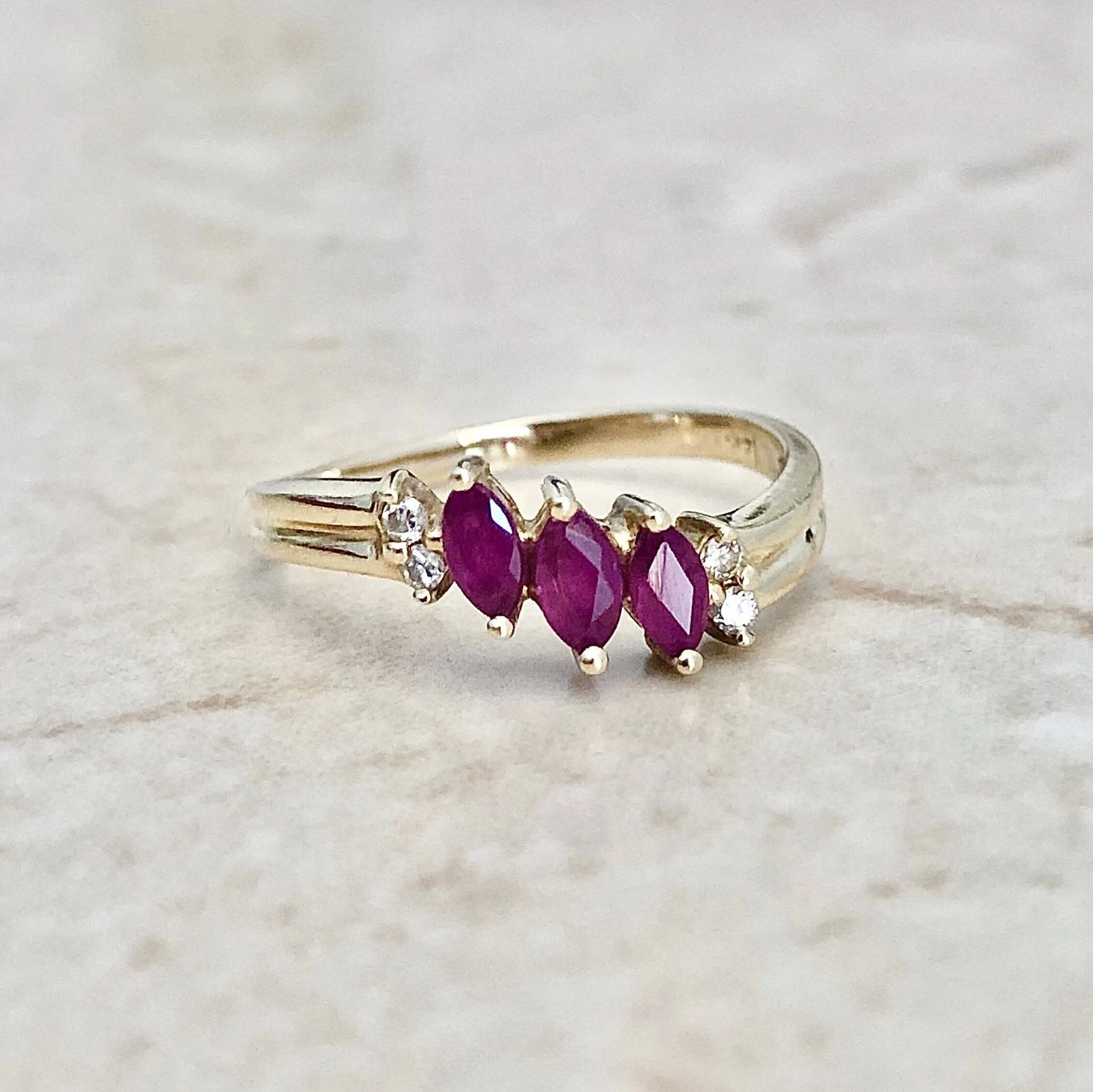 Vintage 14 Karat Yellow Gold Marquise Ruby & Diamond Three-Stone  Ring