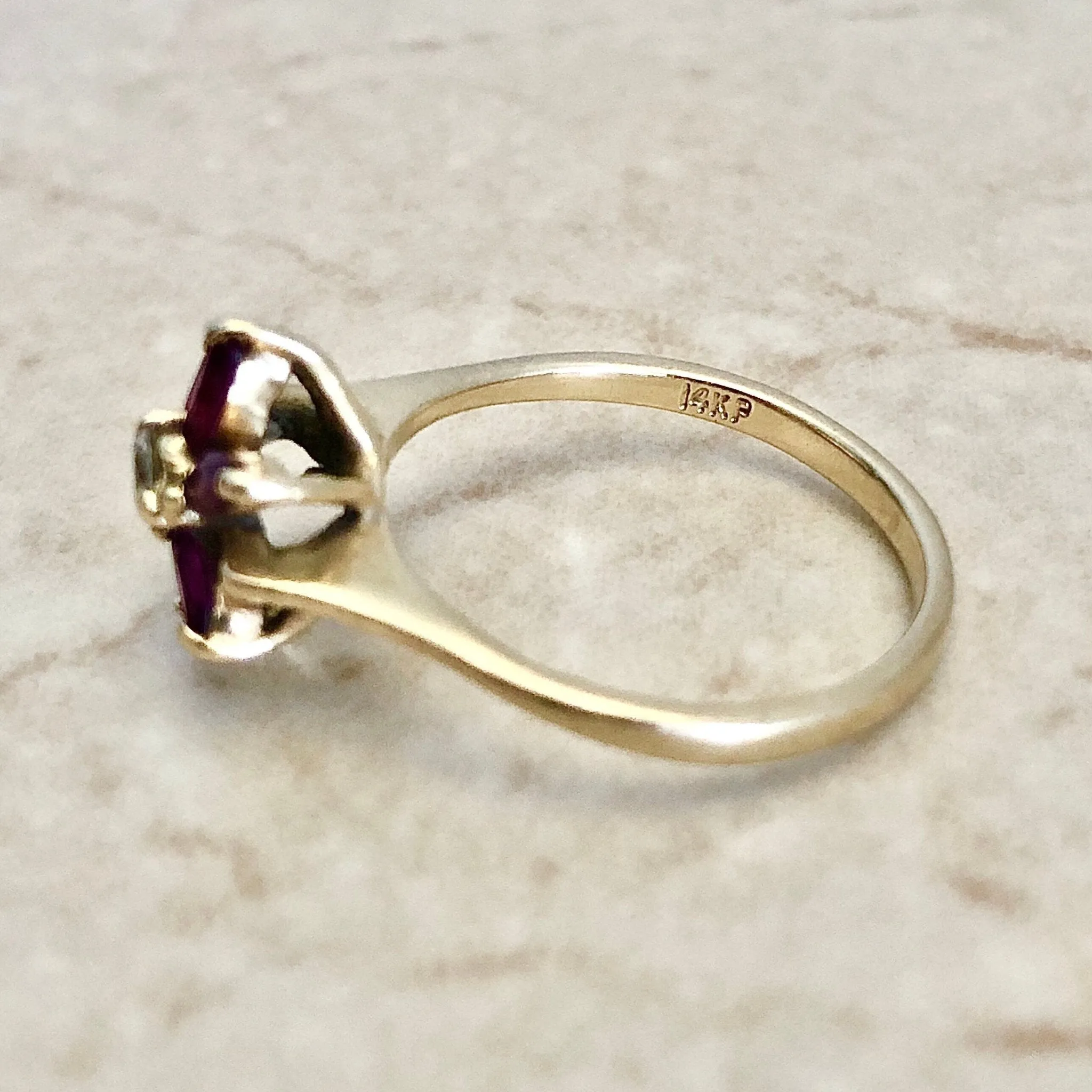 Vintage 14 Karat Yellow Gold Natural Ruby & Diamond Flower Halo Ring