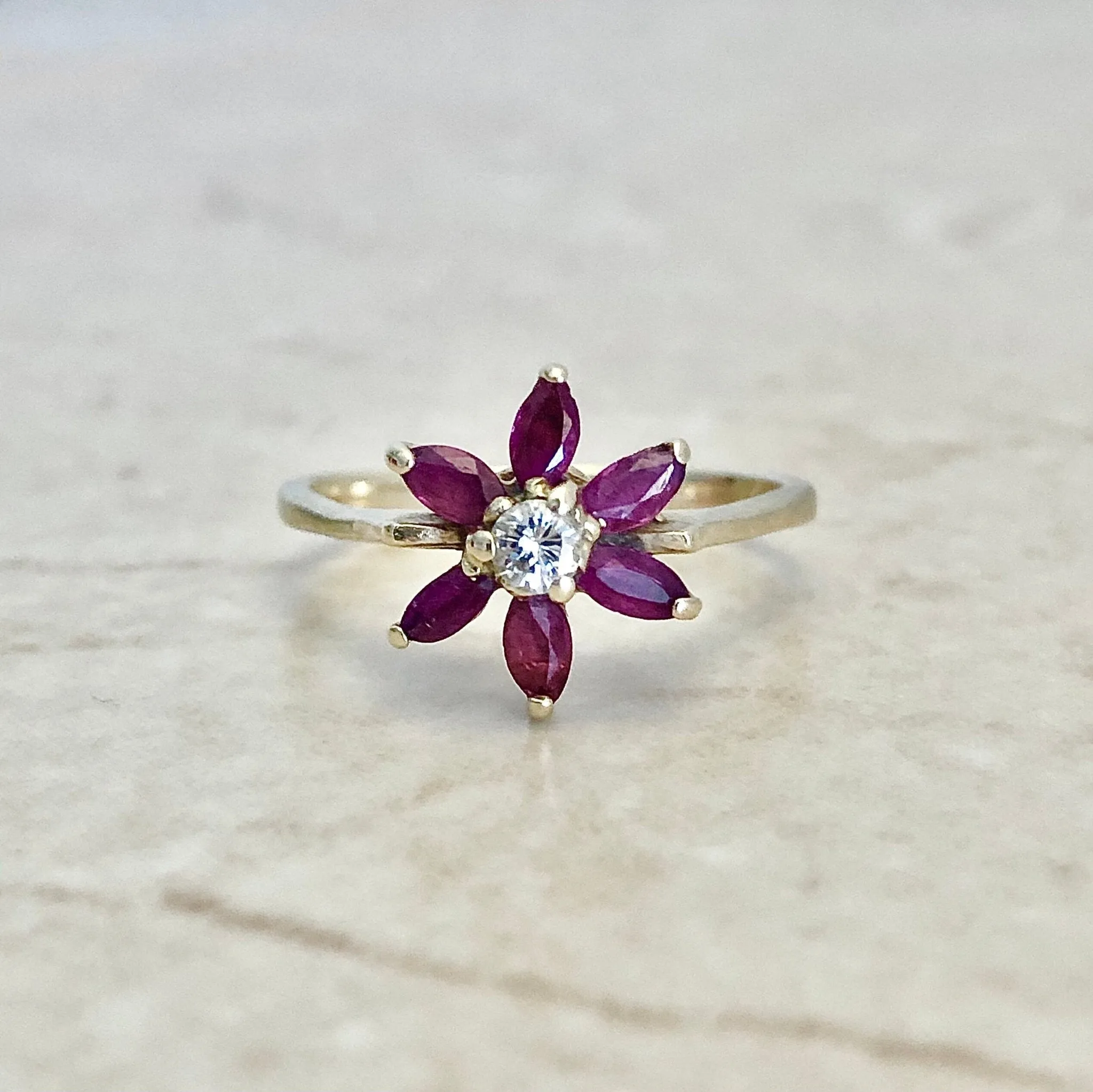 Vintage 14 Karat Yellow Gold Natural Ruby & Diamond Flower Halo Ring