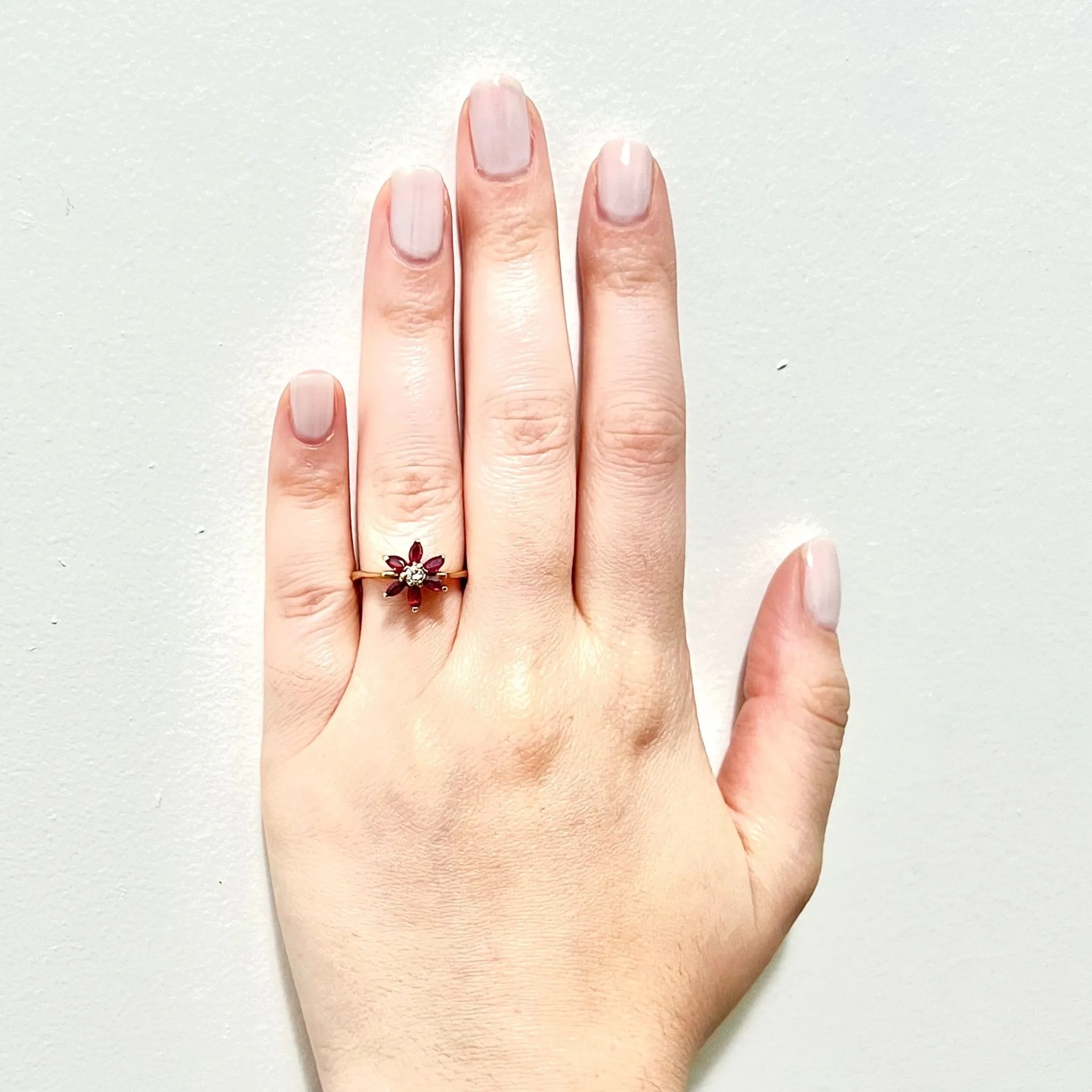 Vintage 14 Karat Yellow Gold Natural Ruby & Diamond Flower Halo Ring