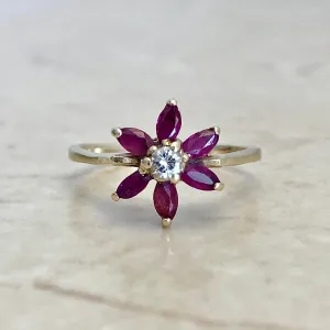 Vintage 14 Karat Yellow Gold Natural Ruby & Diamond Flower Halo Ring