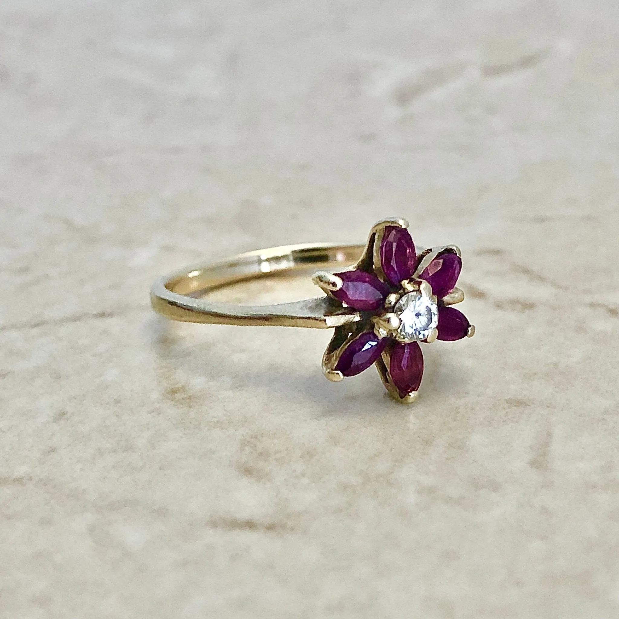 Vintage 14 Karat Yellow Gold Natural Ruby & Diamond Flower Halo Ring