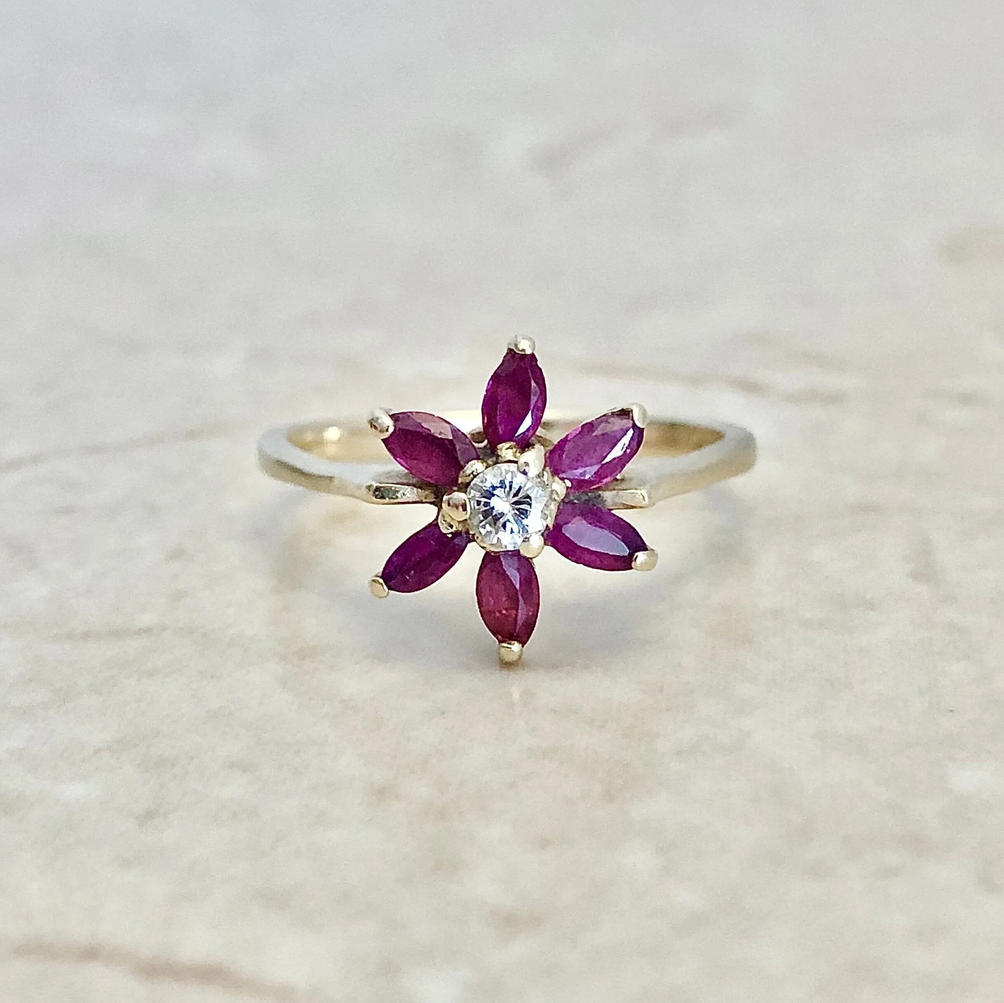 Vintage 14 Karat Yellow Gold Natural Ruby & Diamond Flower Halo Ring