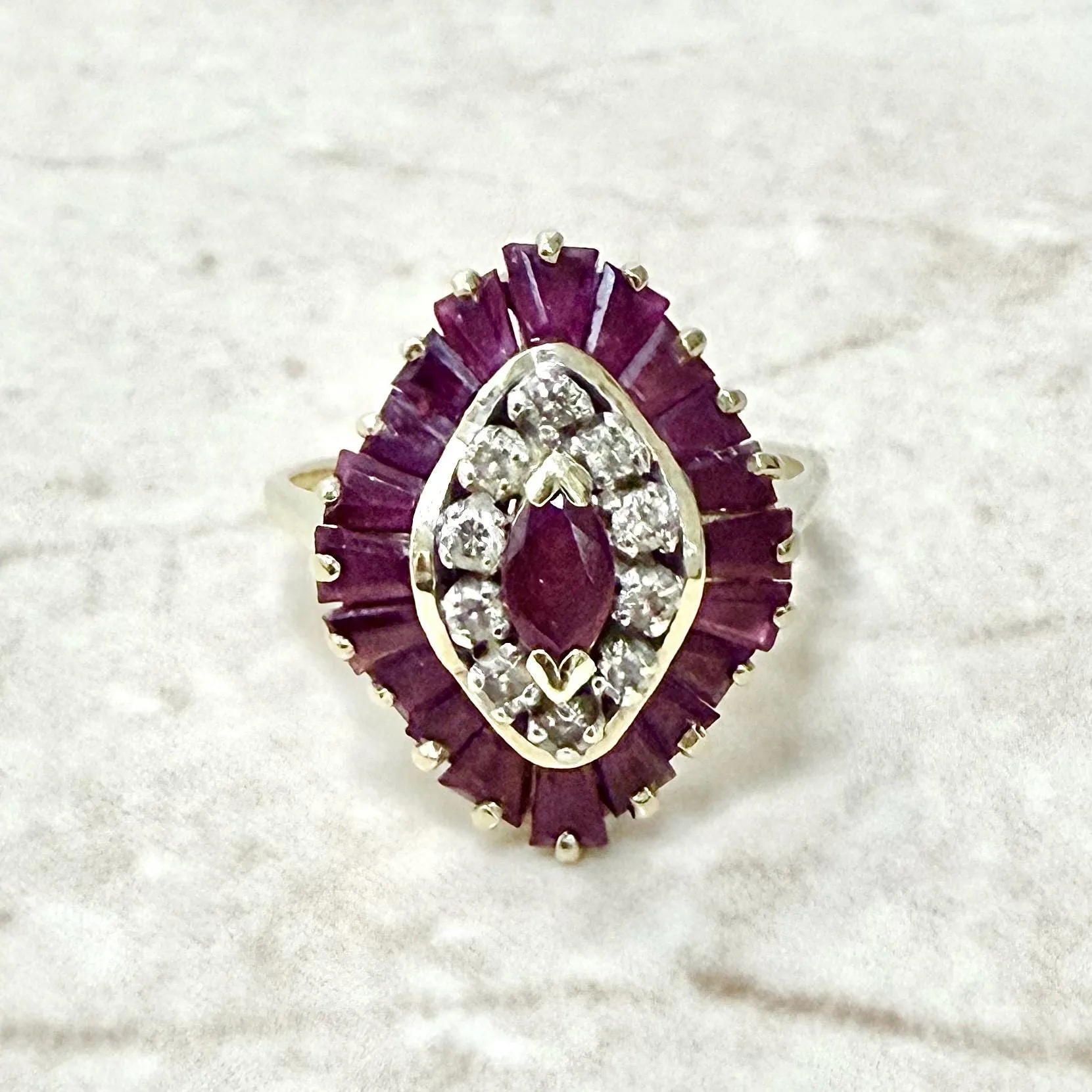 Vintage 14 Karat Yellow Gold Ruby & Diamond Double Halo Ring