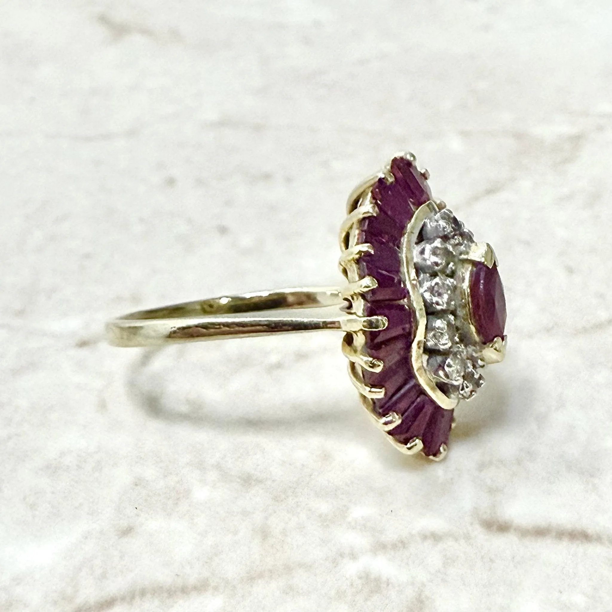 Vintage 14 Karat Yellow Gold Ruby & Diamond Double Halo Ring