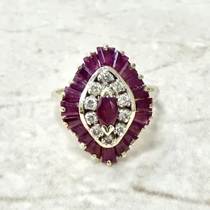 Vintage 14 Karat Yellow Gold Ruby & Diamond Double Halo Ring