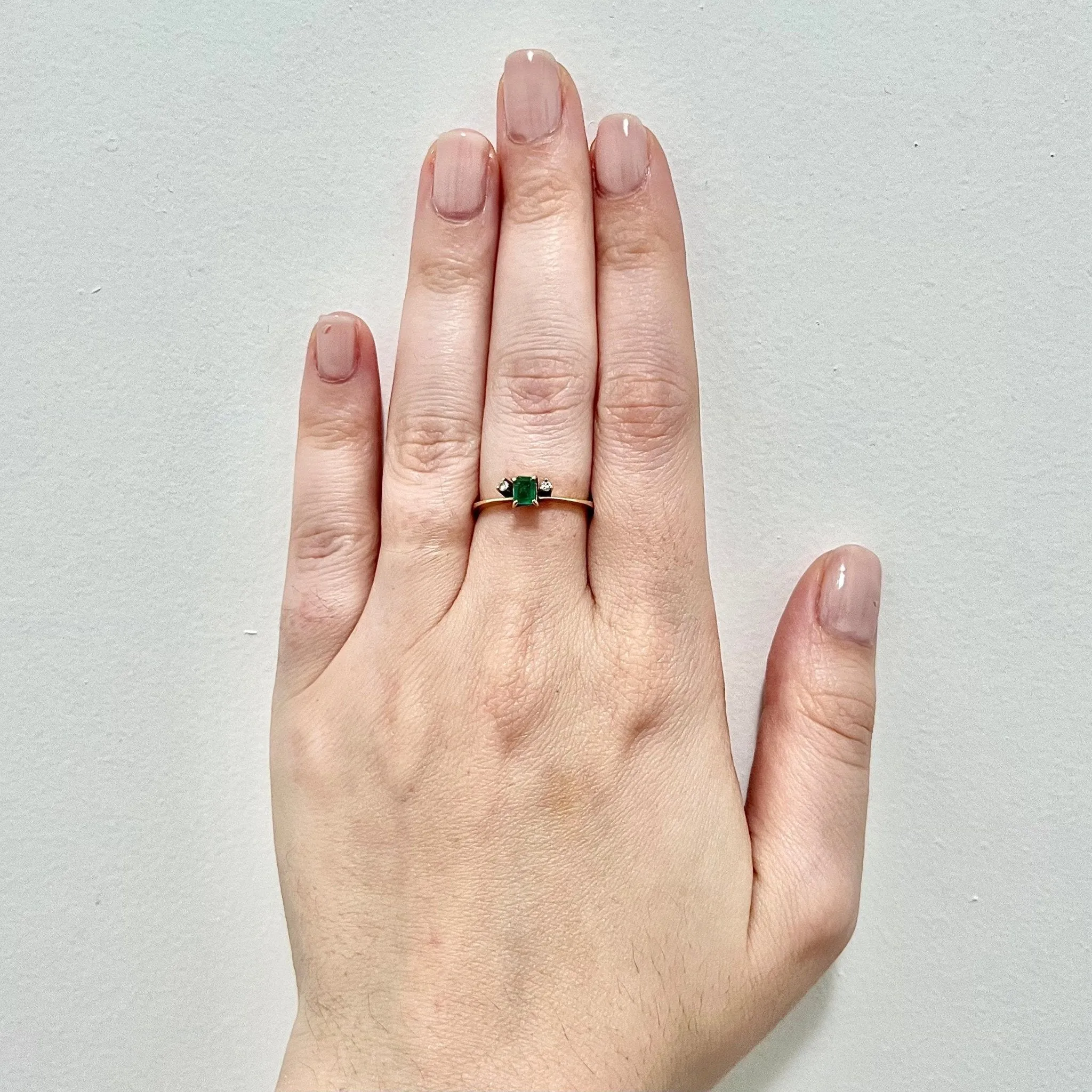 Vintage 18 Karat Yellow Gold Natural Emerald & Diamond Three-Stone Ring