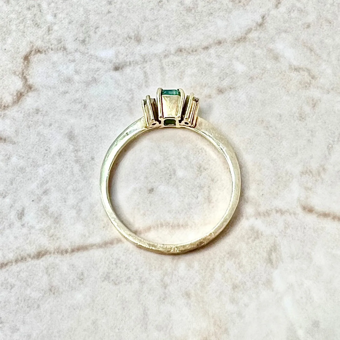 Vintage 18 Karat Yellow Gold Natural Emerald & Diamond Three-Stone Ring