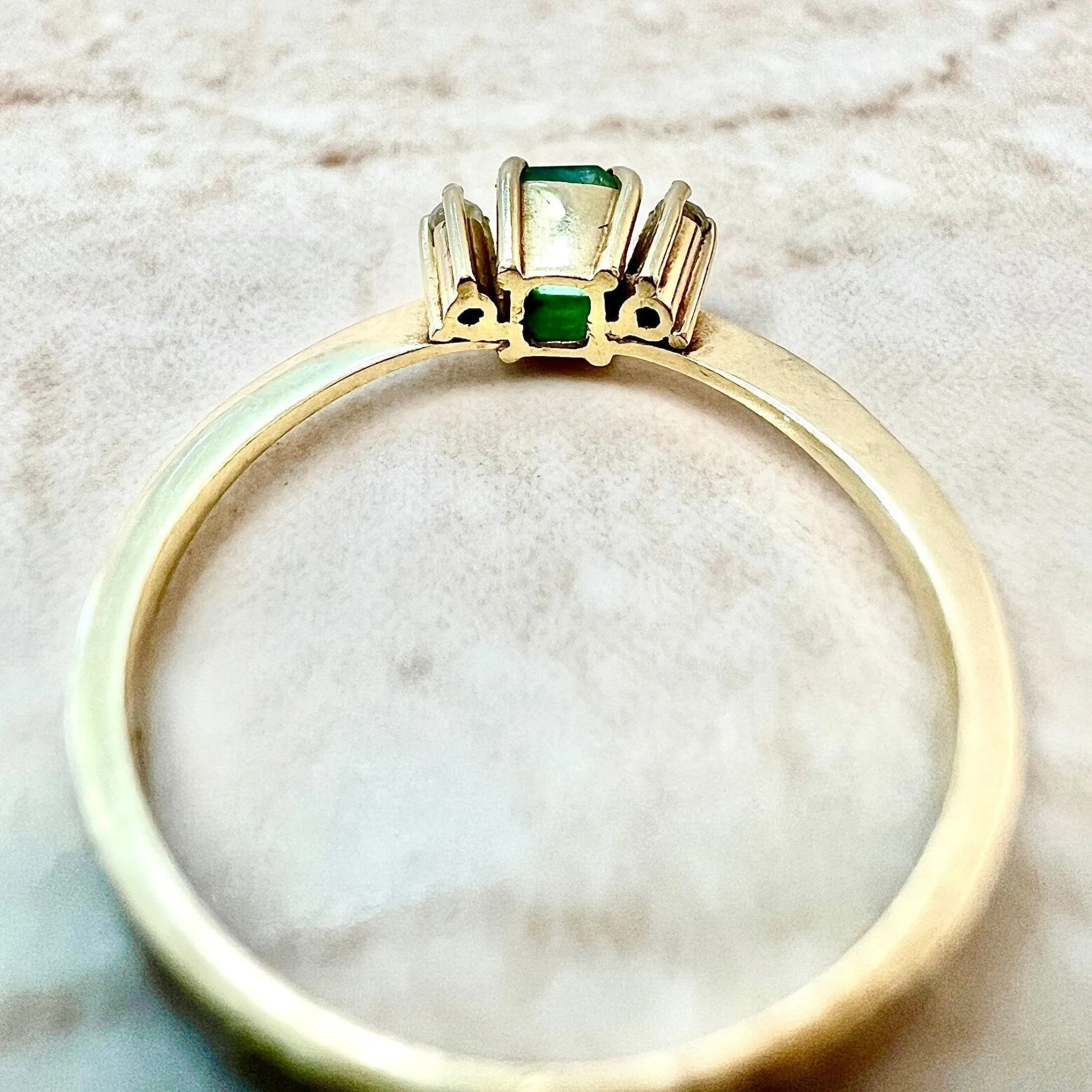 Vintage 18 Karat Yellow Gold Natural Emerald & Diamond Three-Stone Ring