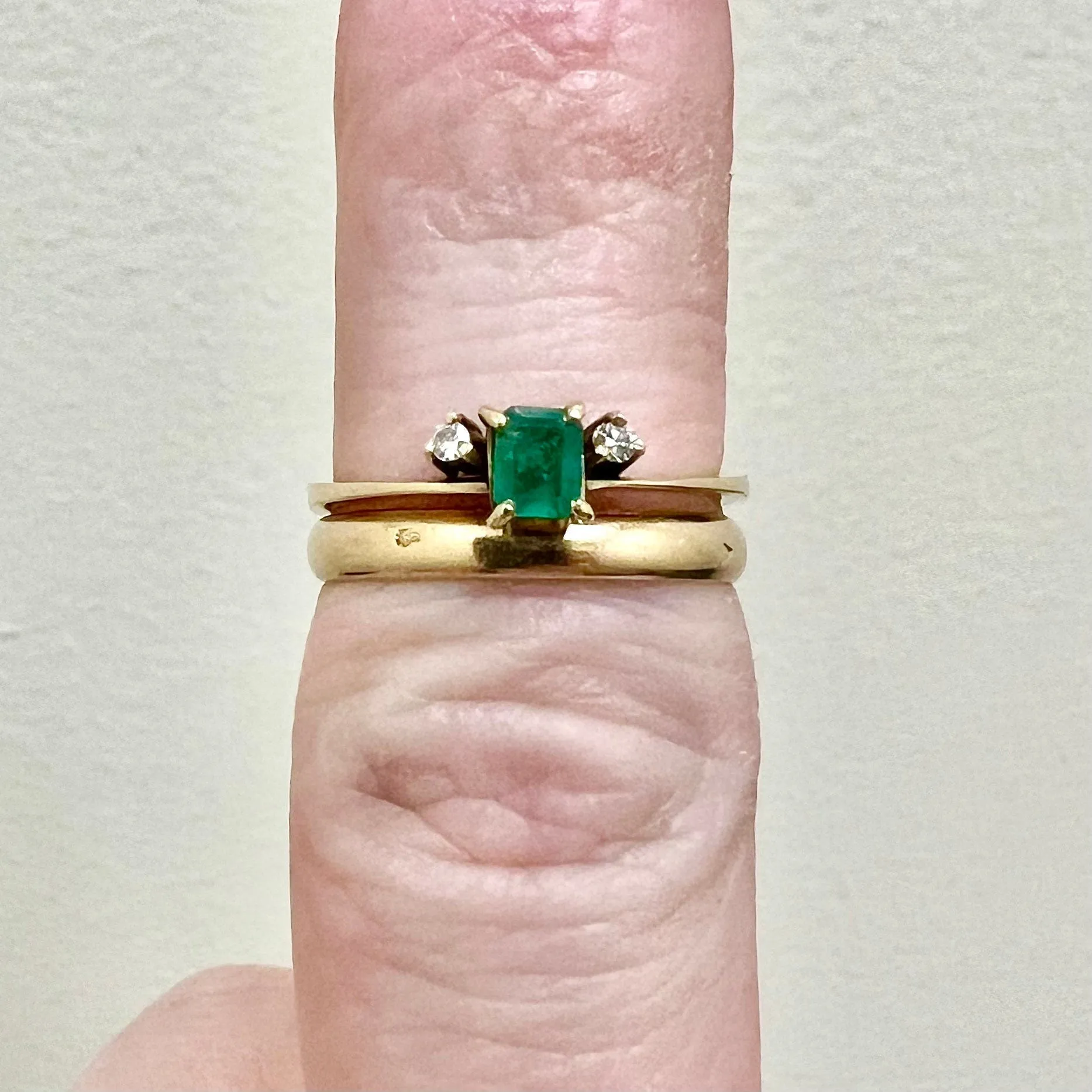 Vintage 18 Karat Yellow Gold Natural Emerald & Diamond Three-Stone Ring