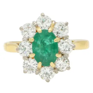 Vintage 1980'S Oval Emerald and Diamond Cluster Ring