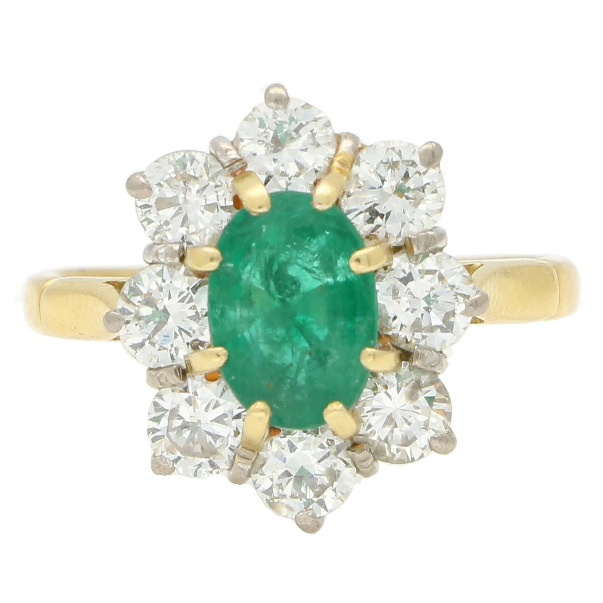 Vintage 1980'S Oval Emerald and Diamond Cluster Ring