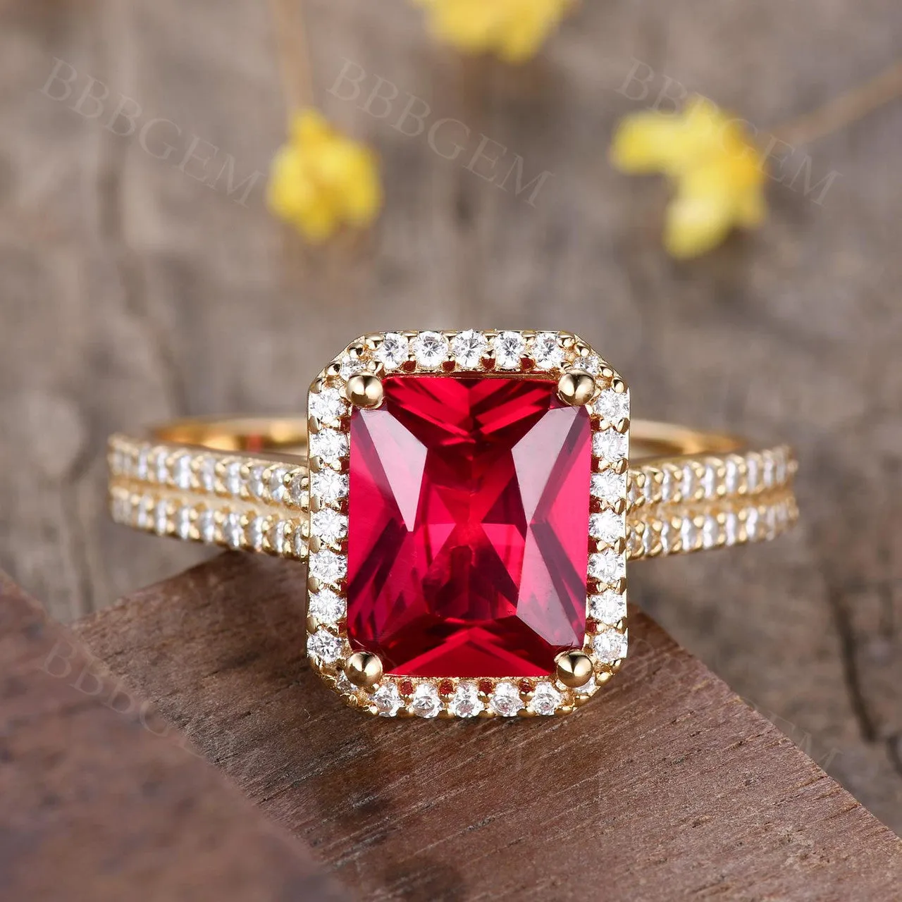 Vintage 8X10mm Yellow Gold Ruby Engagement Ring Diamond Halo Wedding Band 4 Carat