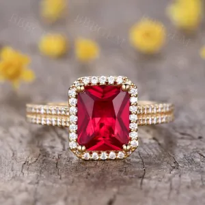Vintage 8X10mm Yellow Gold Ruby Engagement Ring Diamond Halo Wedding Band 4 Carat