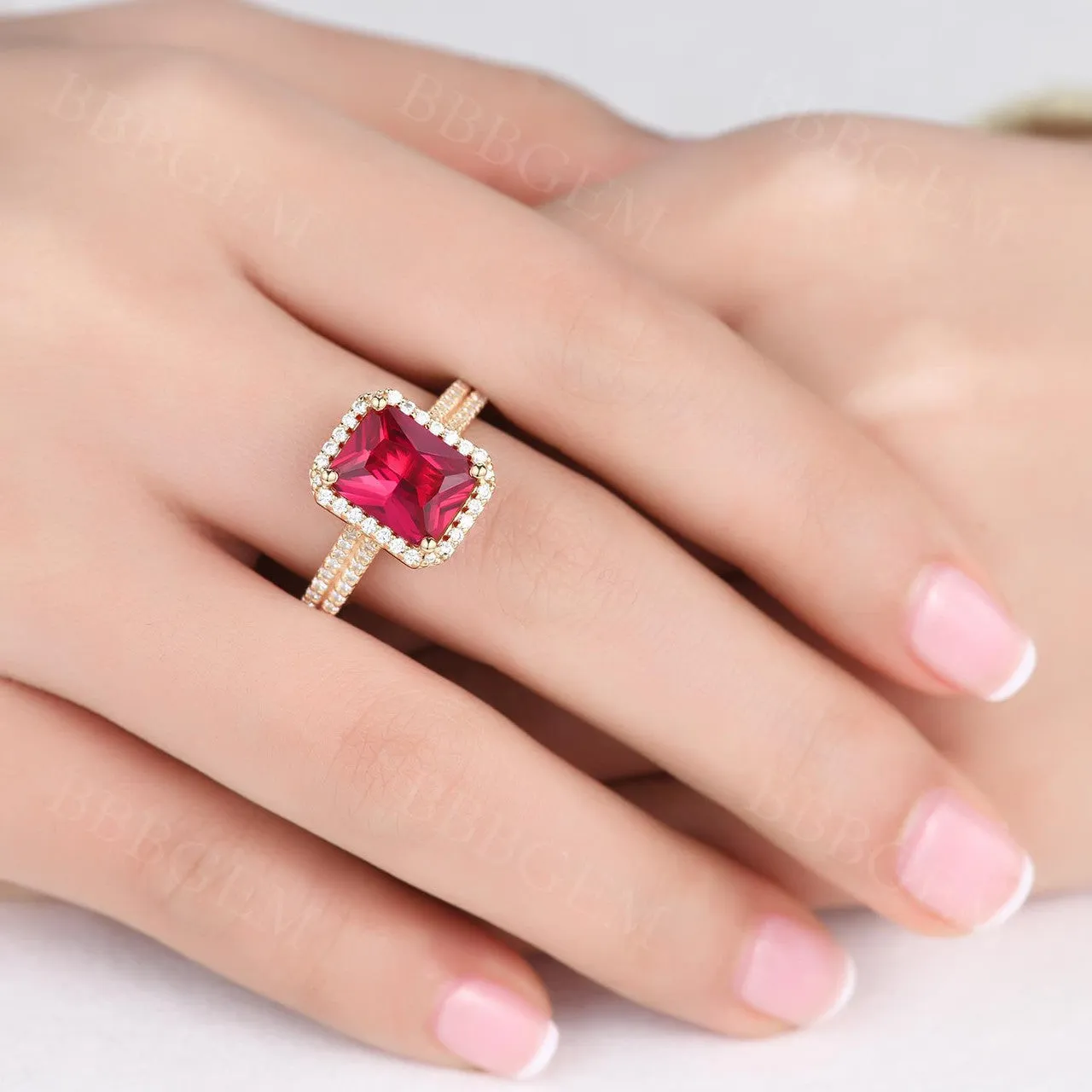 Vintage 8X10mm Yellow Gold Ruby Engagement Ring Diamond Halo Wedding Band 4 Carat