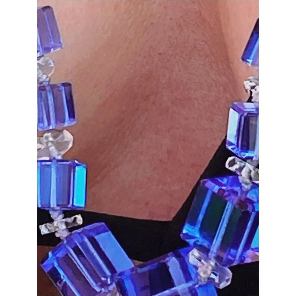 Vintage Chunky Blue Glass Square Beads Necklace 1920S Long